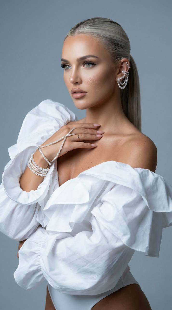 A sophisticated fashion portrait of a woman in a white blouse with elegant ruffles, showcasing her graceful pose and glowing skin.