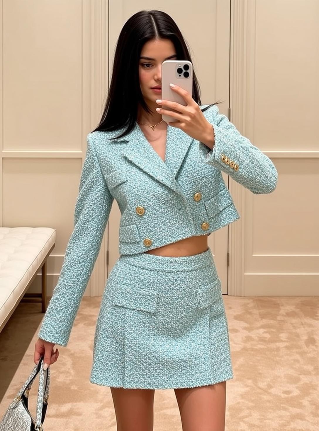 Blue Tweed Blazer Selfie In Boutique