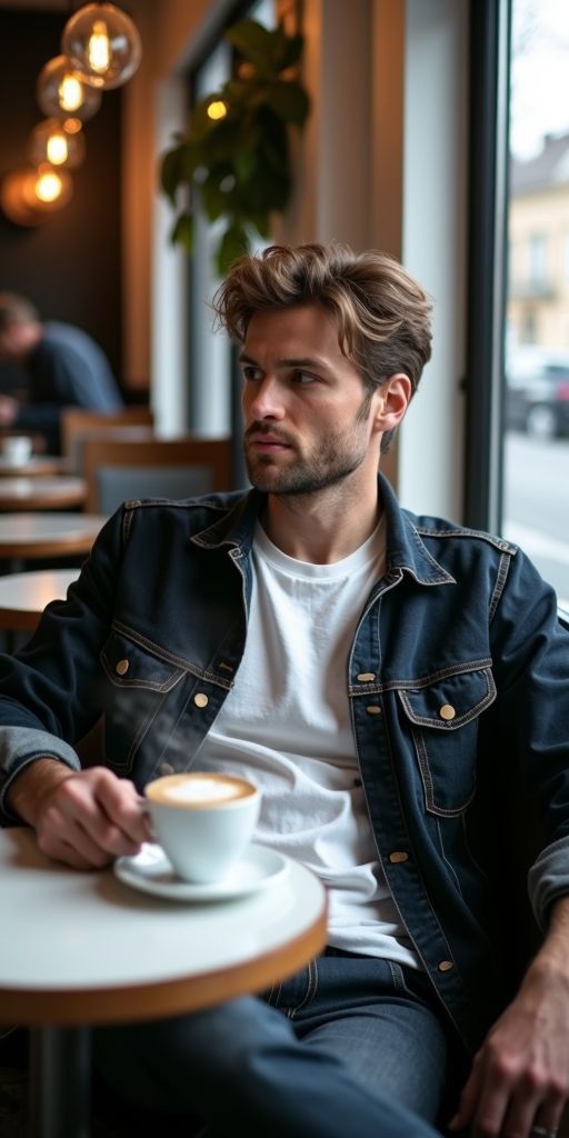 A relaxed man in a cozy café holding a steaming cup of coffee, illuminated by soft daylight, with a thoughtful expression and casual attire.