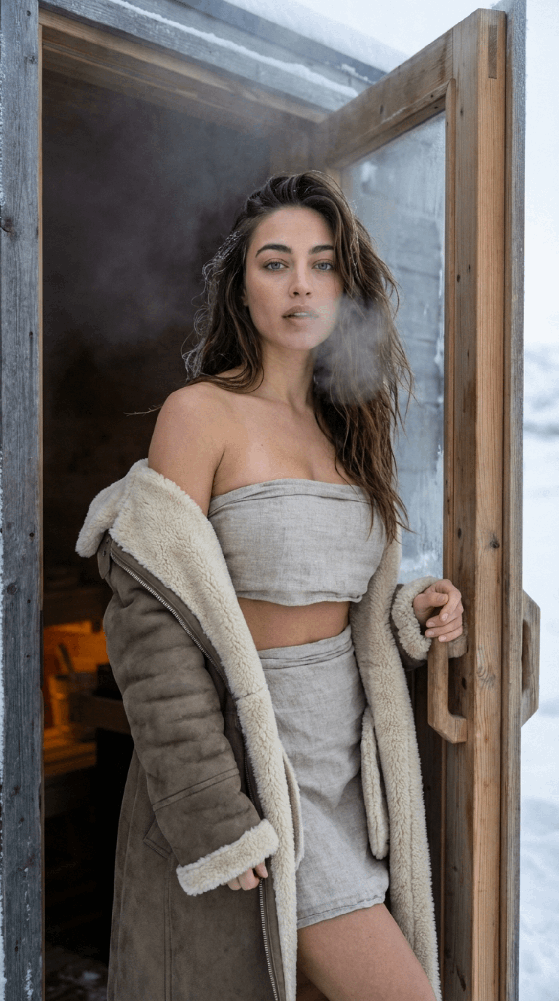 Sauna Doorway Snowy Landscape Beige Linen Outfit