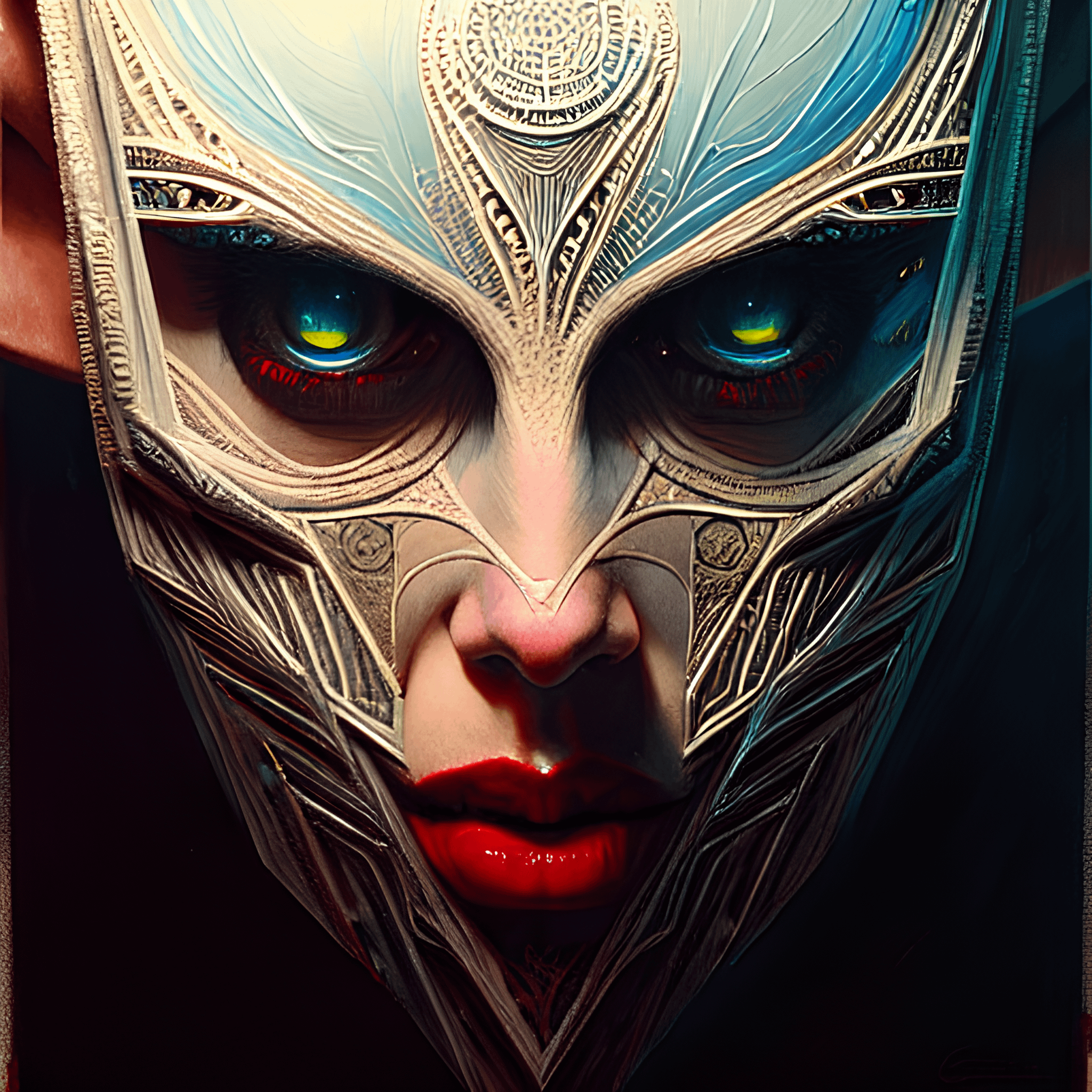 Face Mask Extreme Close Up Blue Eyes Crimson Lips