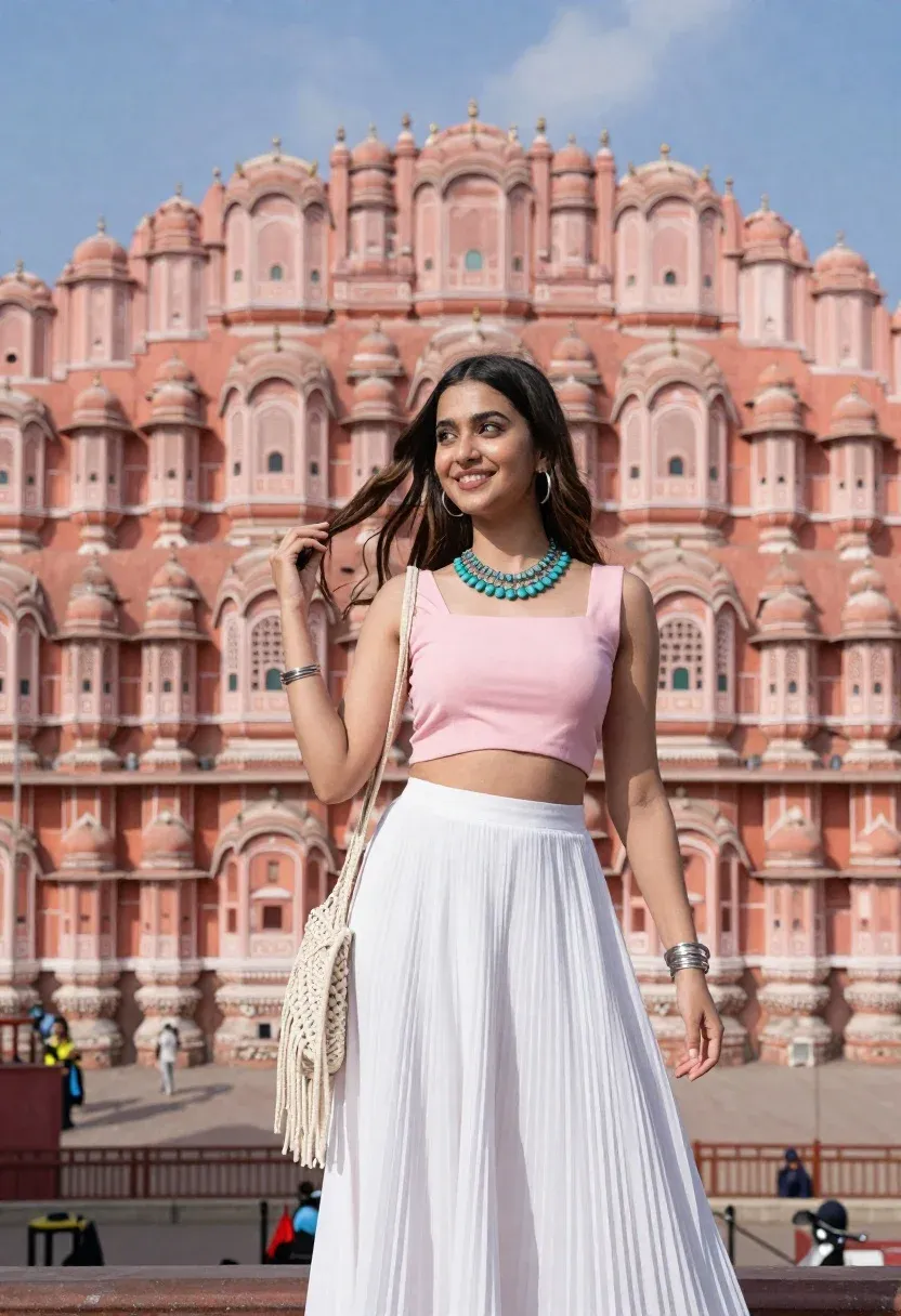 Smiling Young Woman Stands The Foreground Posing Outdoors Against Massive