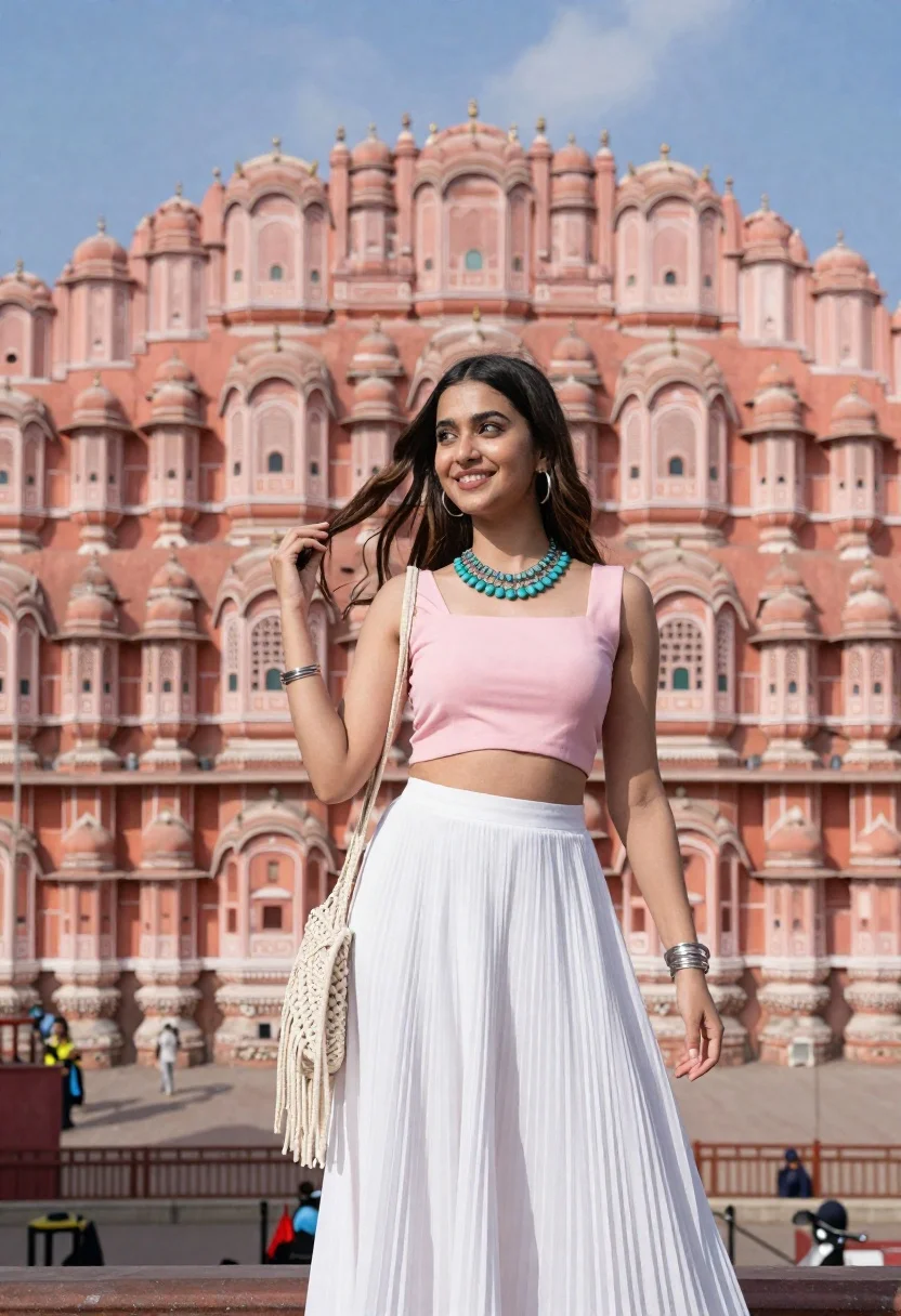 Smiling Young Woman Stands The Foreground Posing Outdoors Against Massive