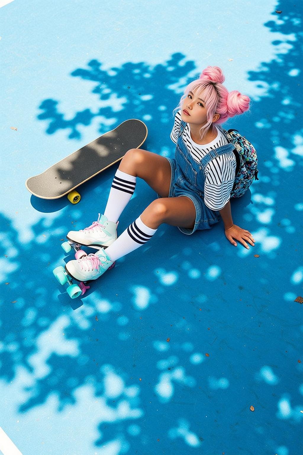 Pink Buns Girl On Roller Skates Urban Court