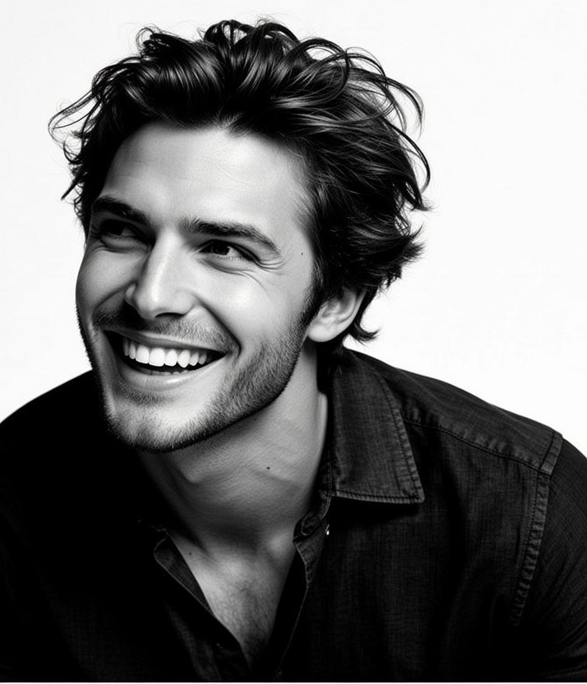 Black And White Medium Shot Portrait Young Man With Dark