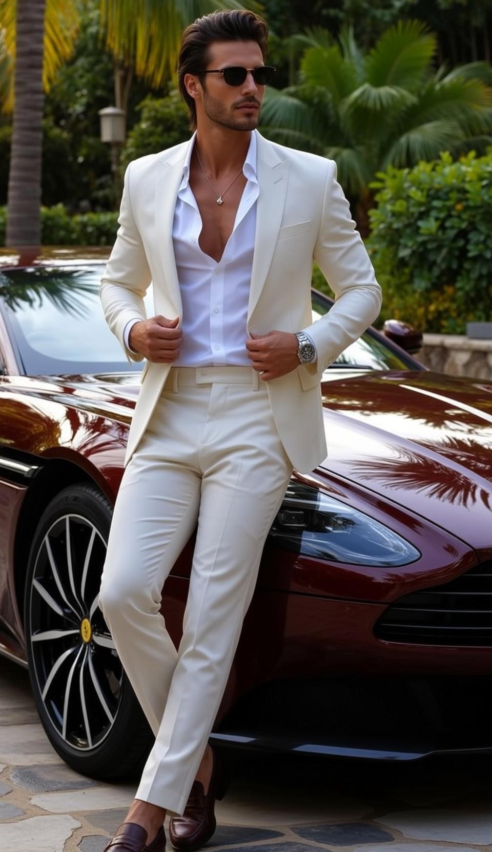 Handsome Dark Styled Back Tanned Unbuttoned White