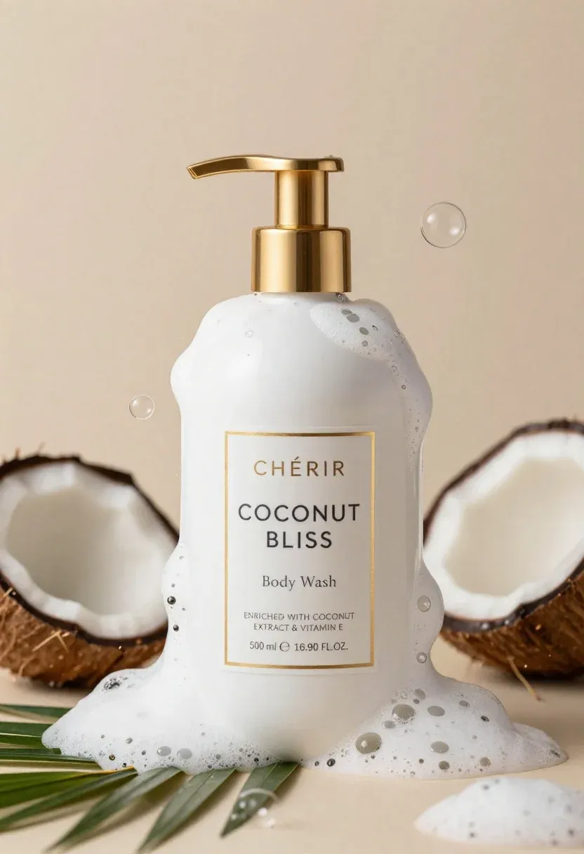 Luxurious White Bottle Body Wash With Gold Pump Dispenser Stands