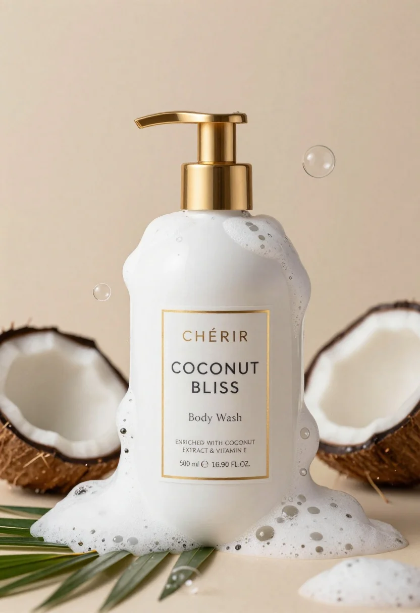 Luxurious White Bottle Body Wash With Gold Pump Dispenser Stands