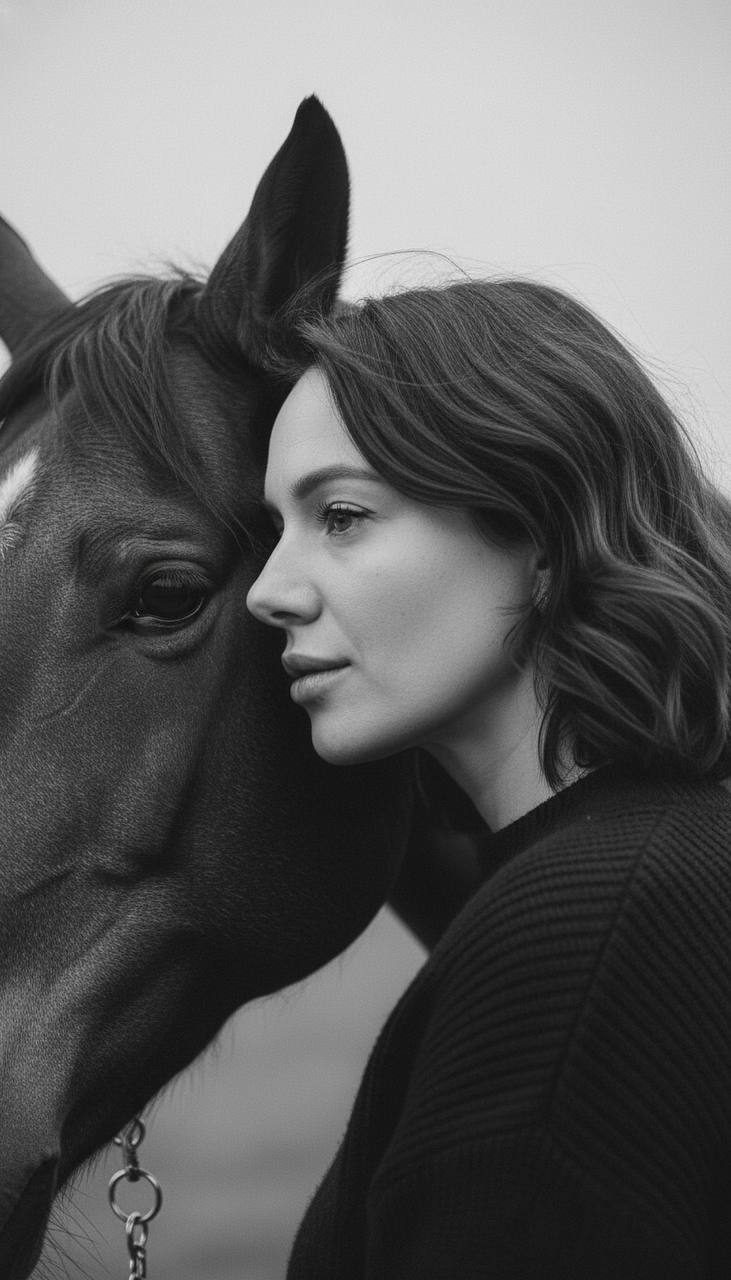 Close-up portrait of a person and horse intimately connecting, soft lighting accentuating delicate features and textures.