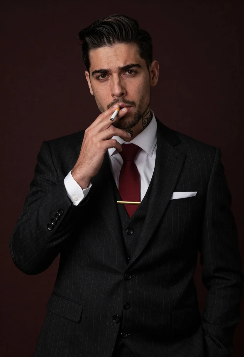 Handsome Man Sharp Black Pinstripe Suit Stands Against Dark Moody