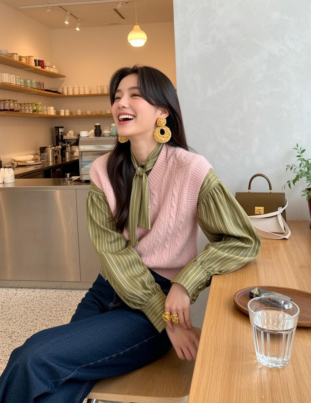 Pink Vest Cafe Laugh