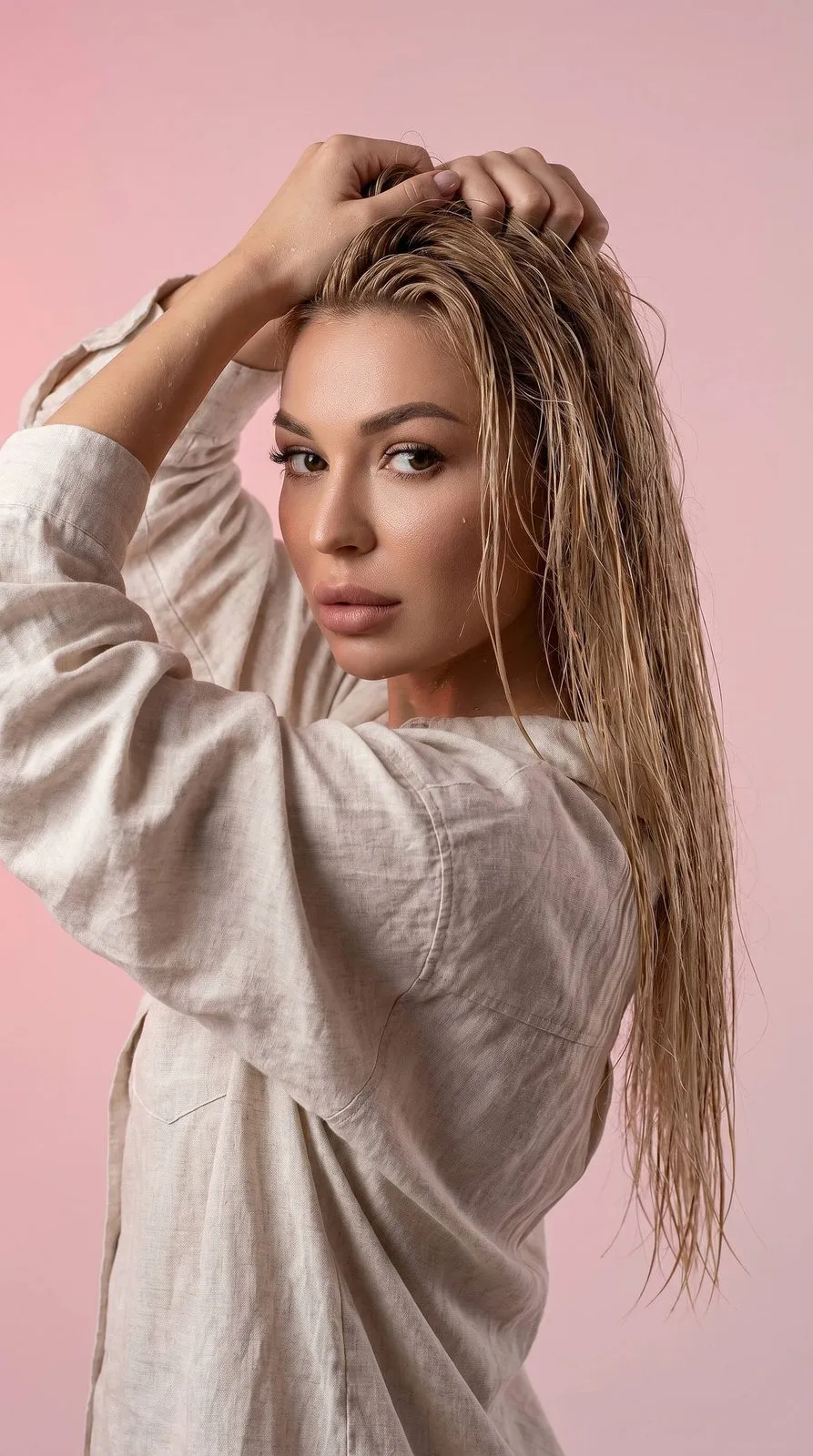 Girl Pulling Wet Hair Soft Pink Gradient Lighting