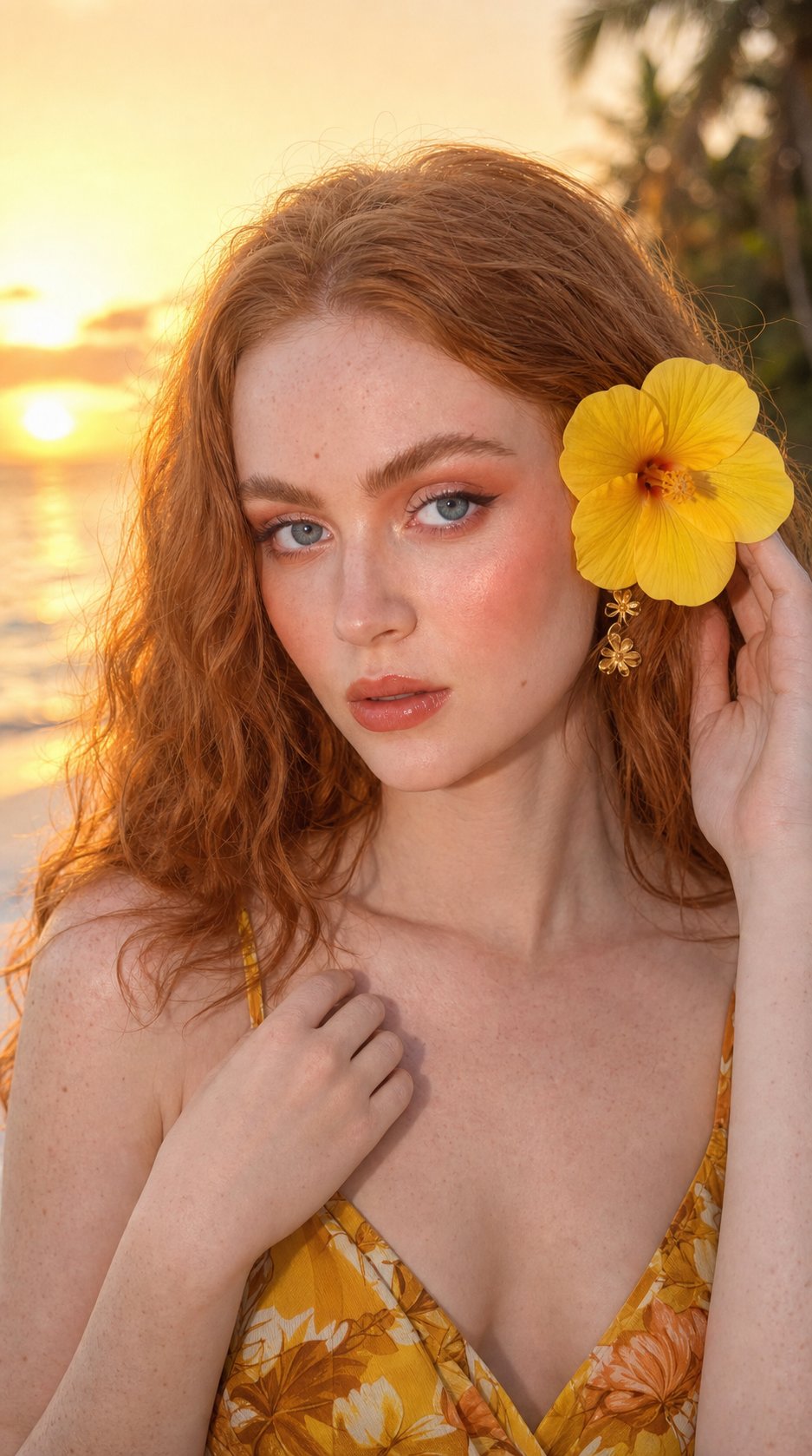 Tropical Beach Sunset Portrait Yellow Floral Sundress