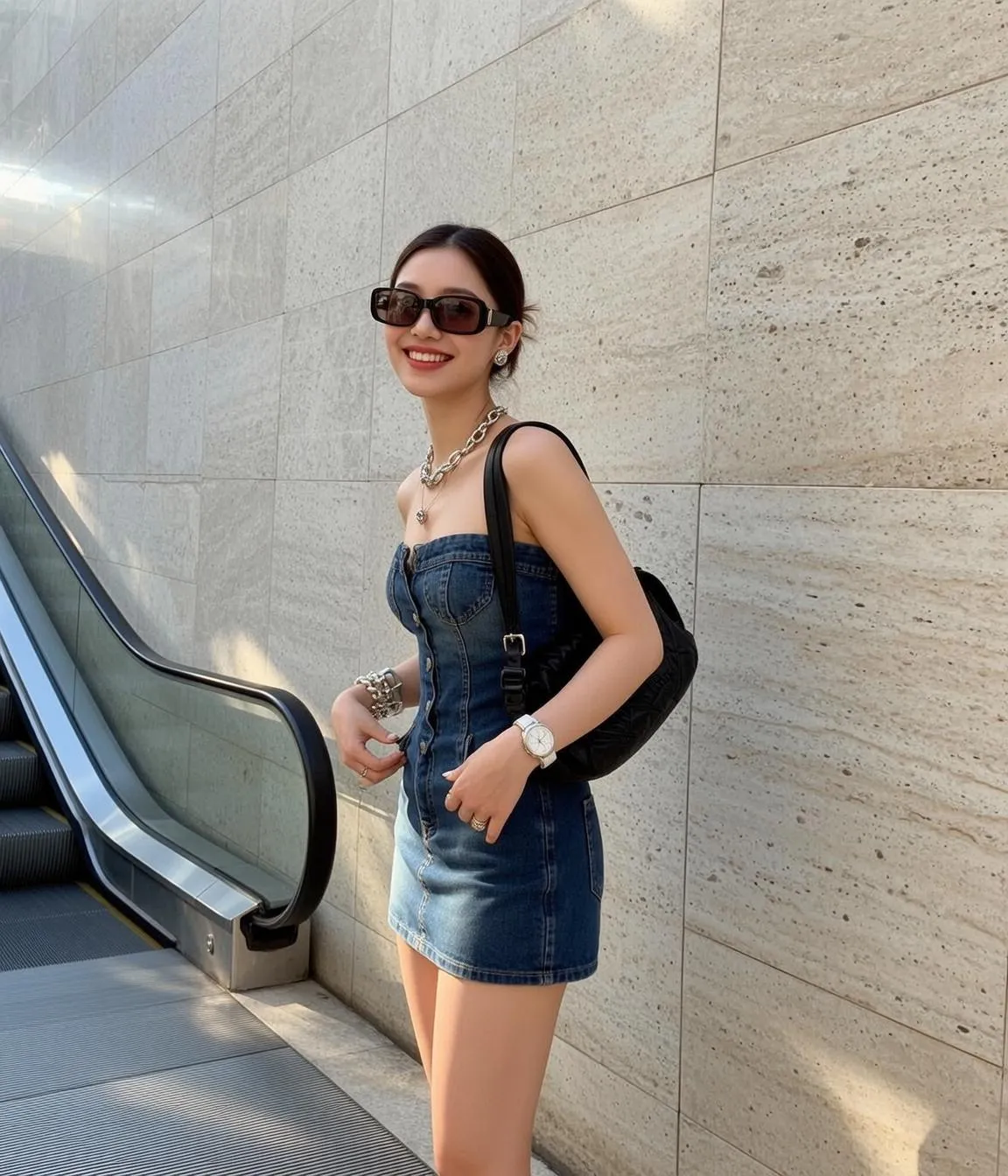 Sunglasses Earrings Necklace Bracelets Rings And Wristwatch In Denim Portrait