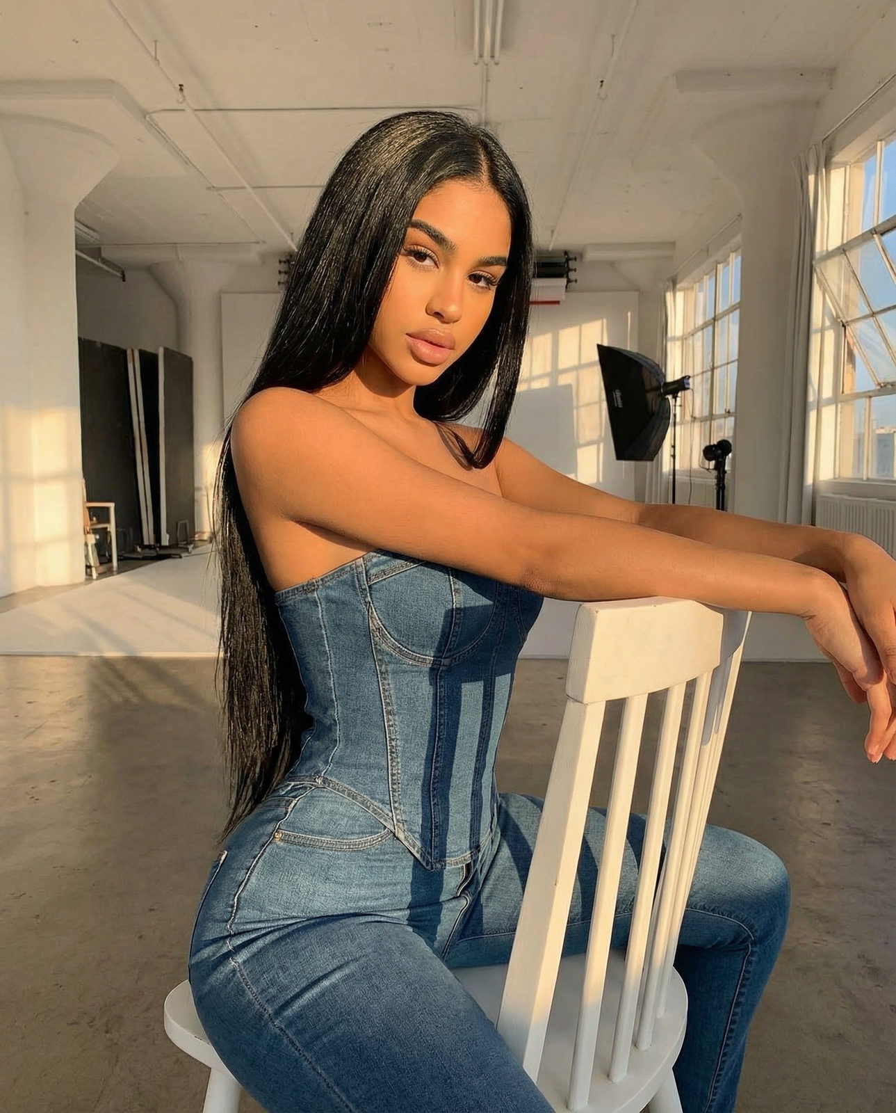 A woman in a denim corset-style jumpsuit poses in a bright photo studio, with long shiny hair partially covering her face during golden hour.