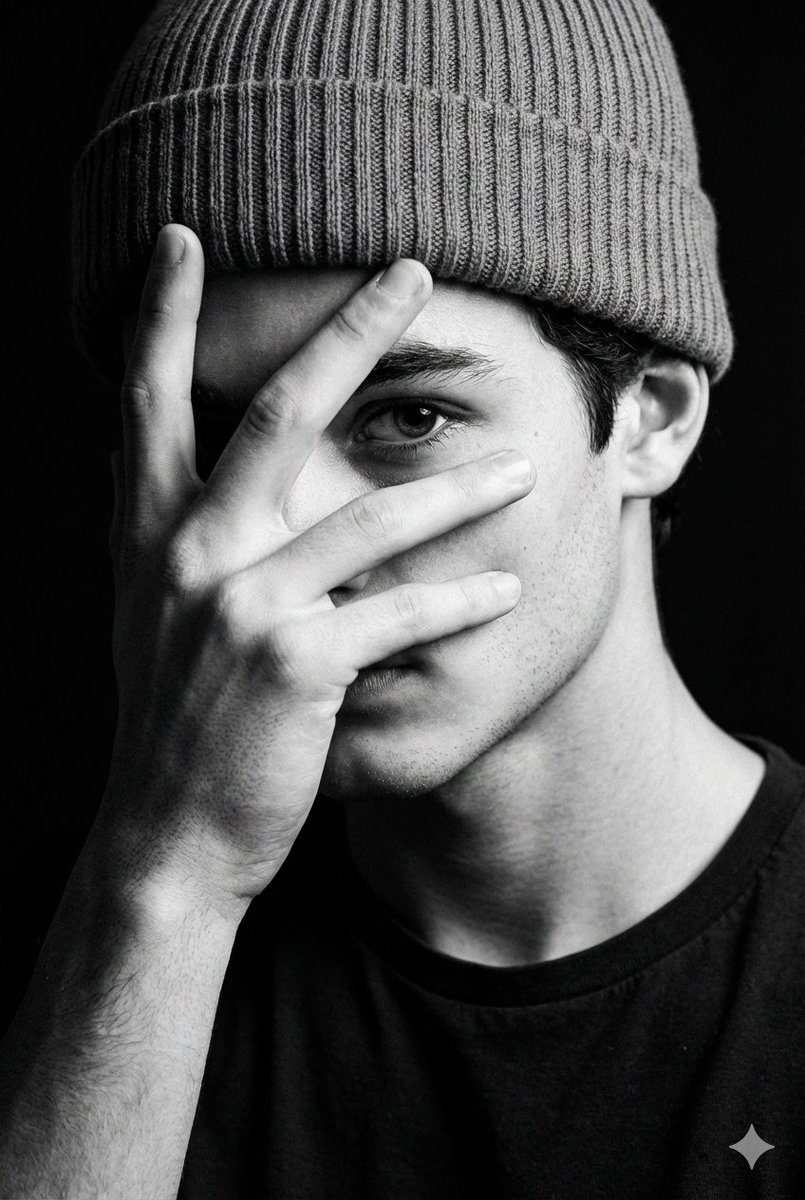 A moody close-up portrait showing a person with a beanie partially covering their face, illuminated by a sharp key light.