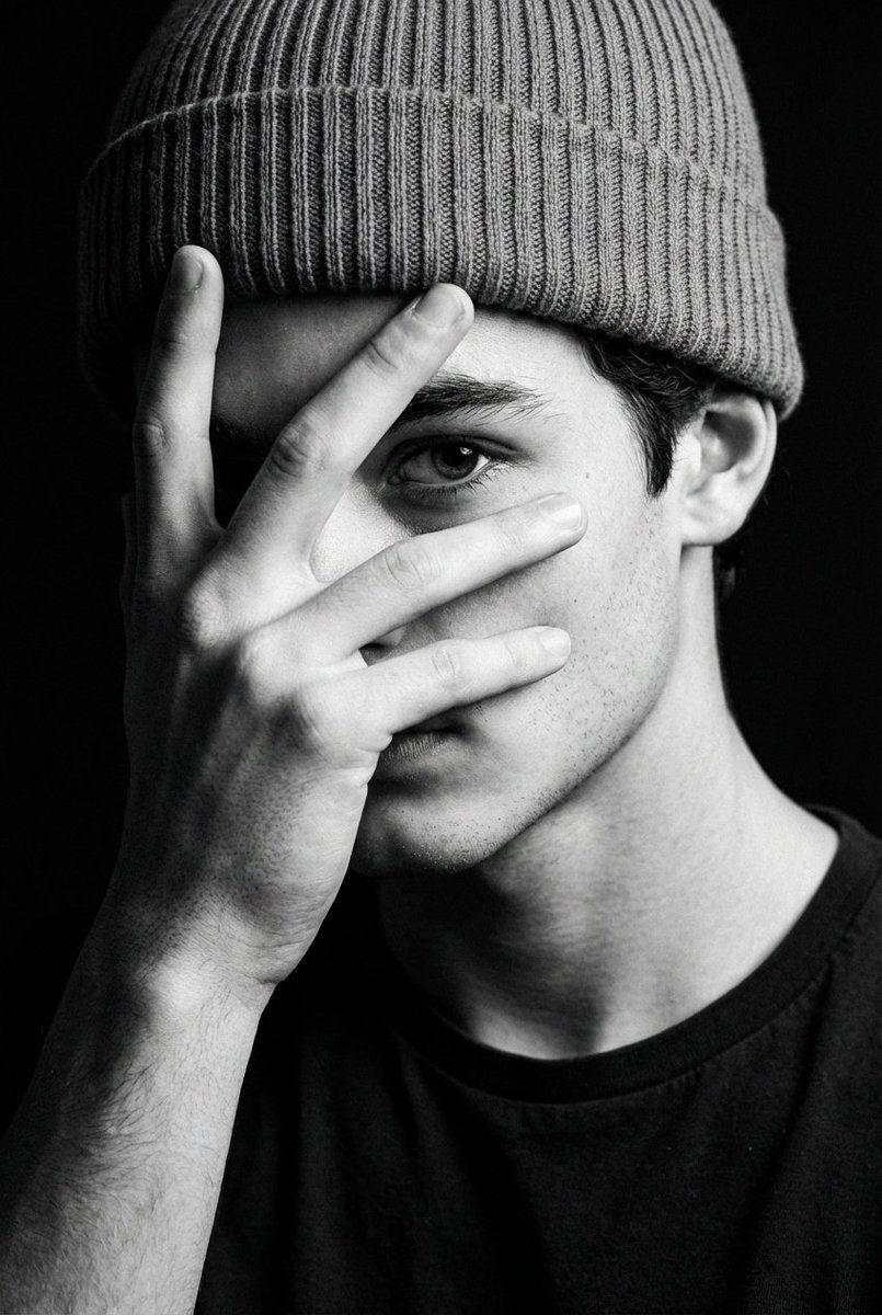 A moody close-up portrait showing a person with a beanie partially covering their face, illuminated by a sharp key light.