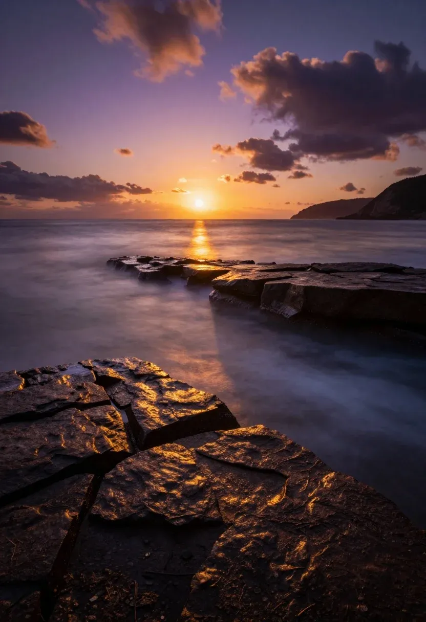 Dramatic Coastal Sunset Scene Featuring Vibrant Sky Over Calm Ocean