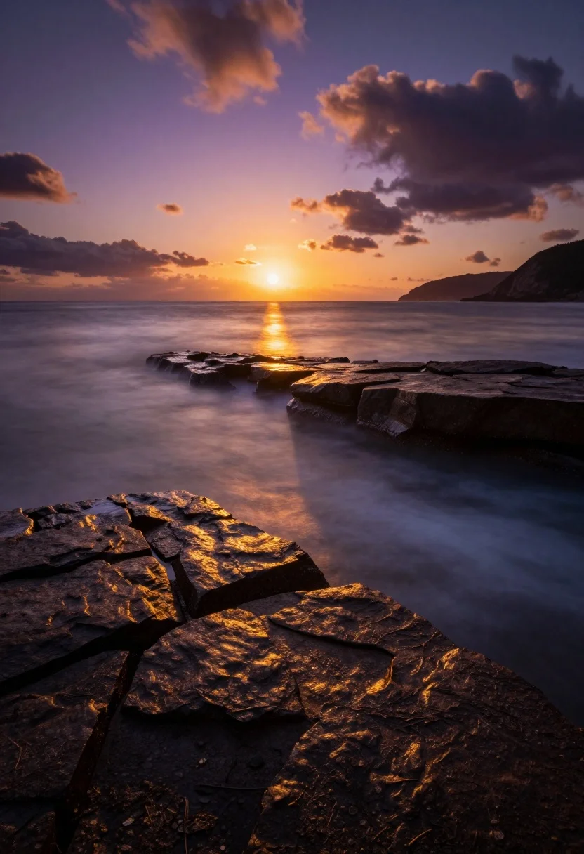 A breathtaking coastal sunset with a vibrant sky reflected over calm ocean waters, featuring large rocks in the foreground.