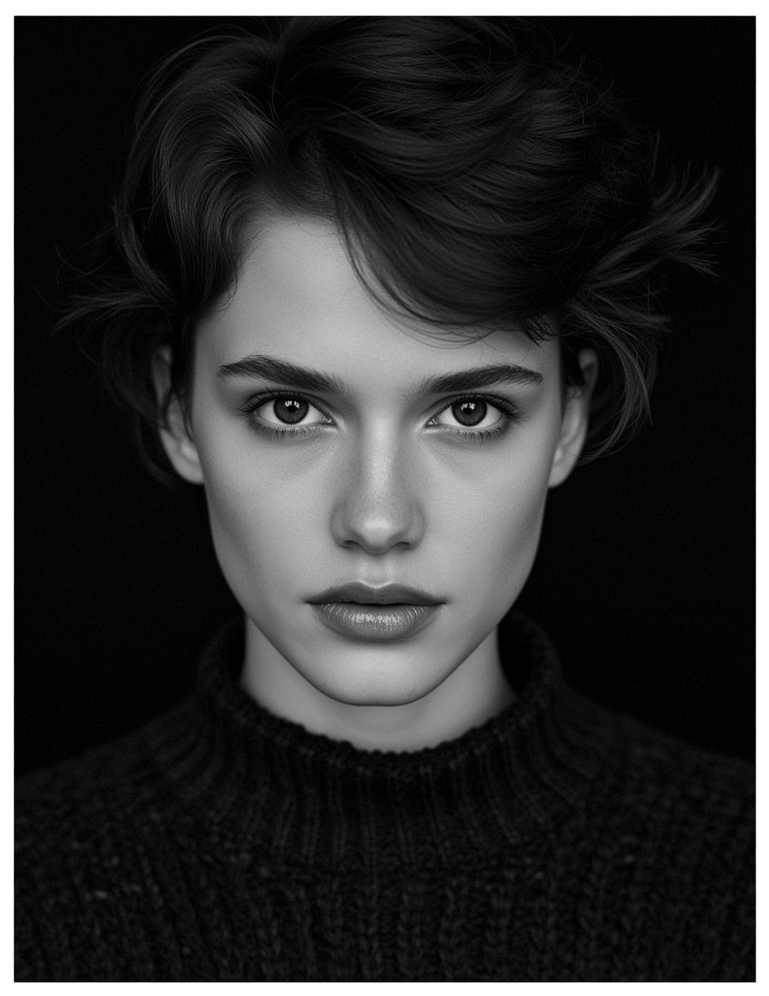 Photorealistic Black And White Headshot Portrait Young Woman With Neutral