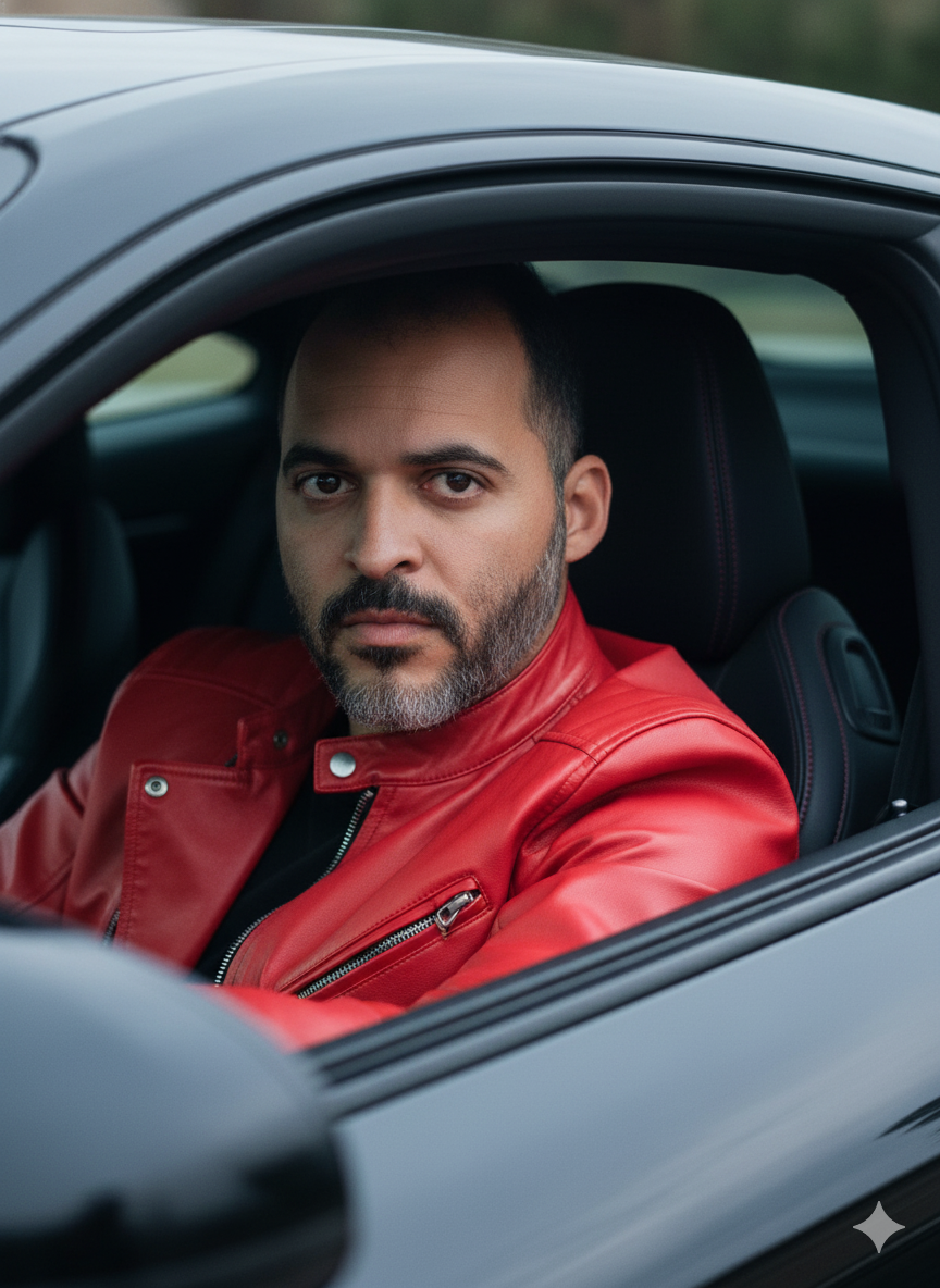 Homem com jaqueta de couro vermelha em carro esportivo moderno, expressão intensa dentro do veículo com iluminação natural.