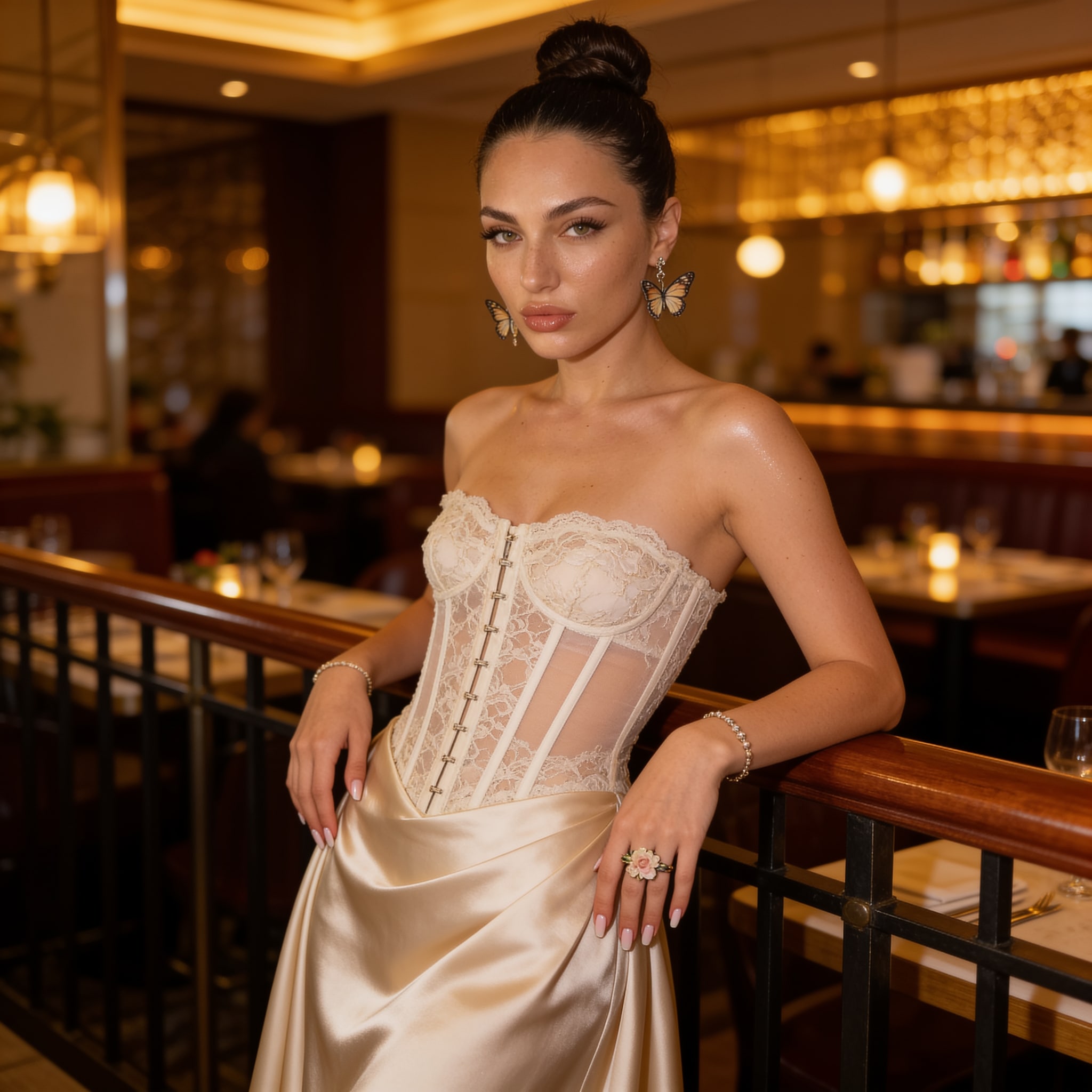 Photorealistic date-night restaurant preview with the reviewed outfit, pose, setting, lighting, and camera framing.