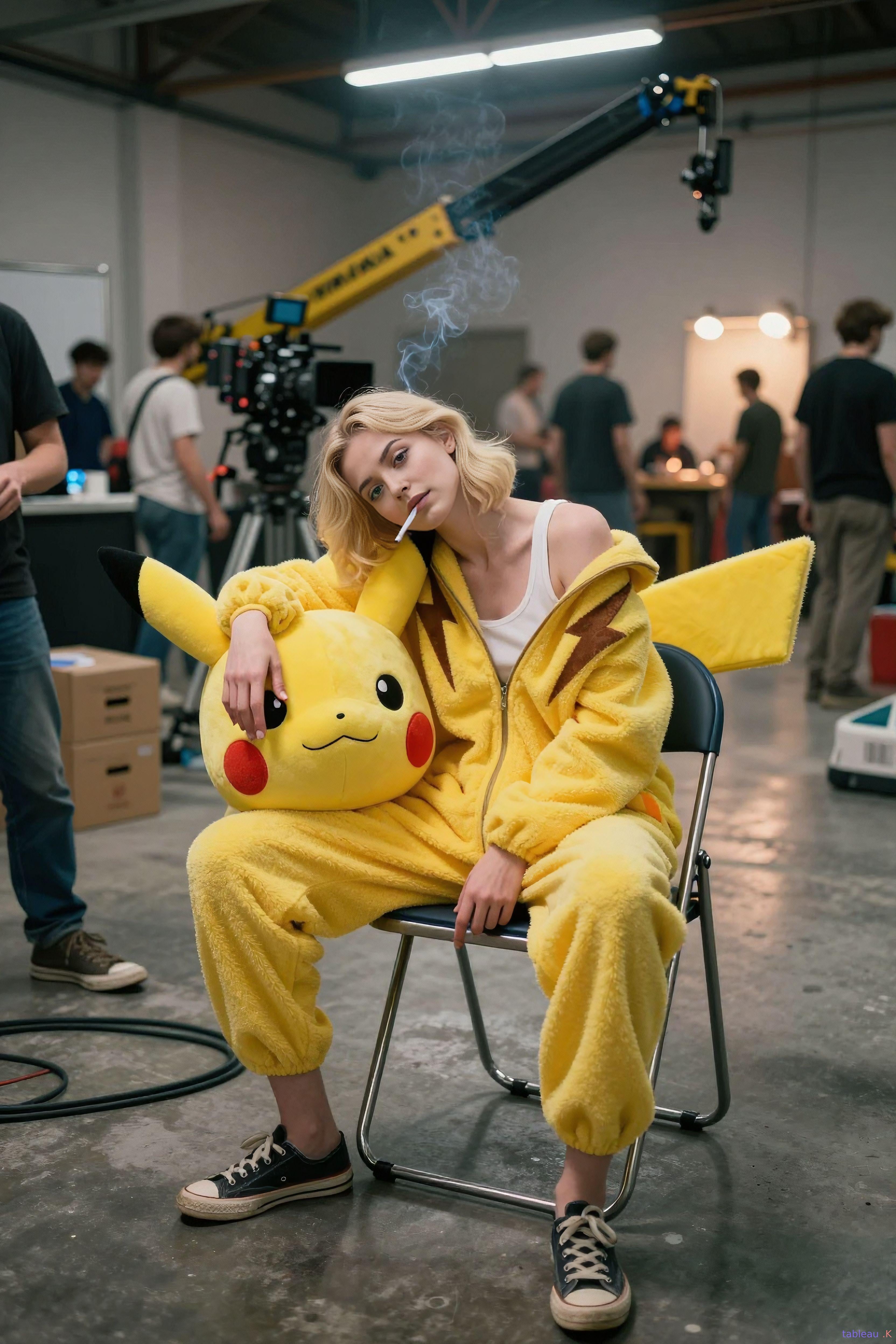 Pikachu Costume On Film Set Exhausted
