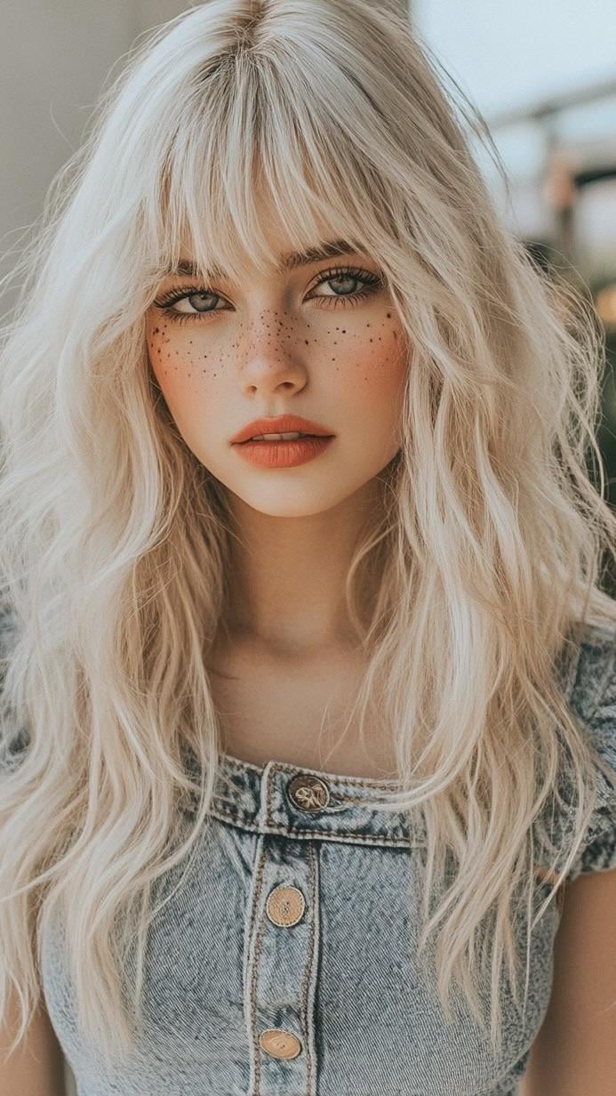 Platinum Hair Coral Lipstick Denim Top