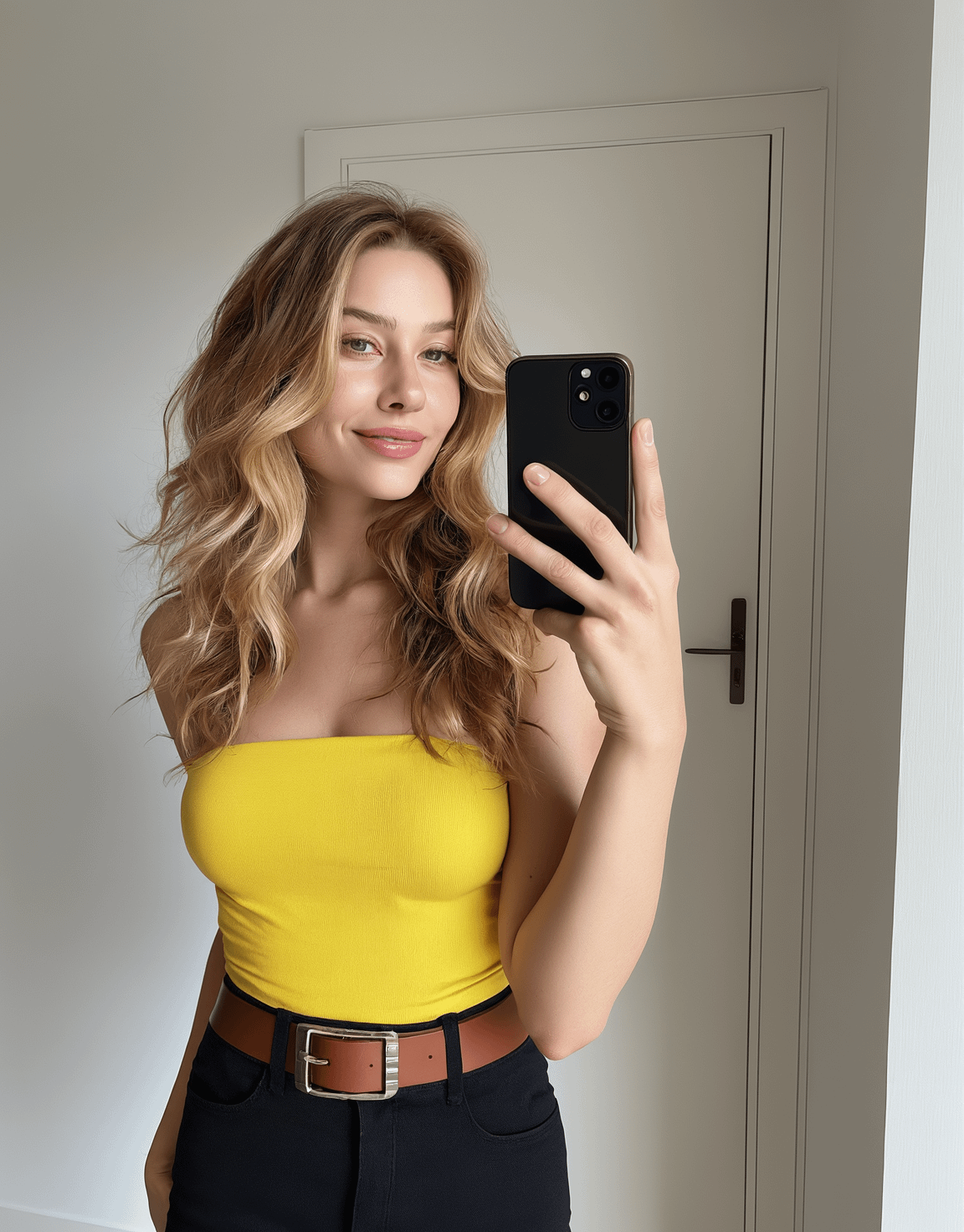 Yellow Tube Top Mirror Selfie With Grey Wall