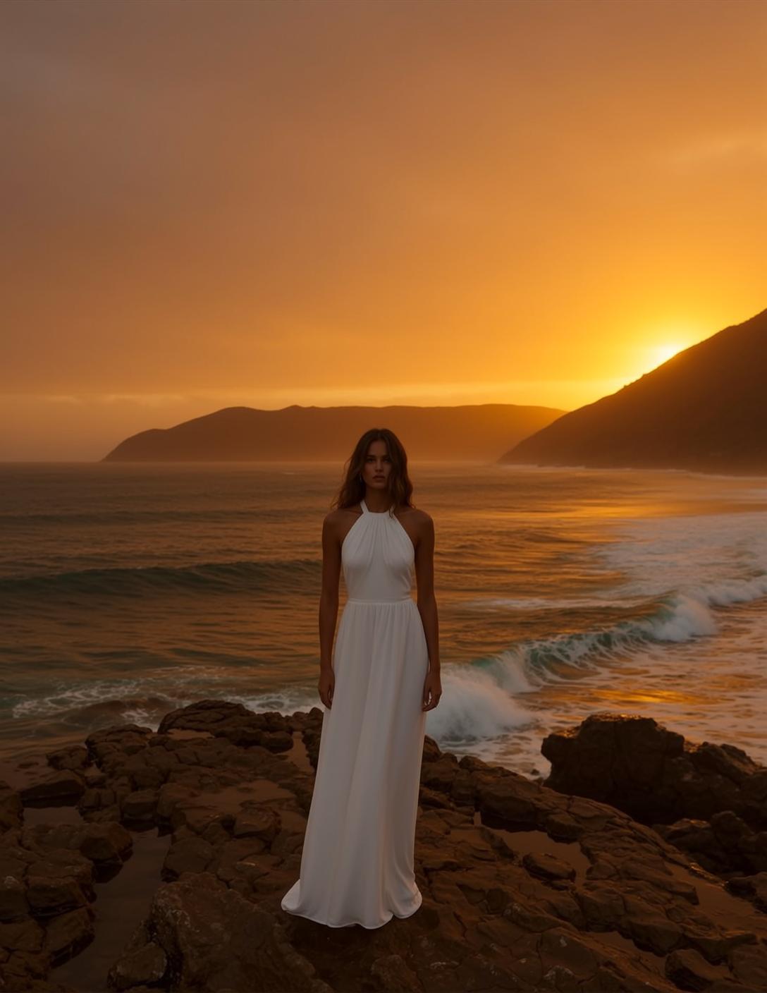 White Halter Rocky Coast Sunset