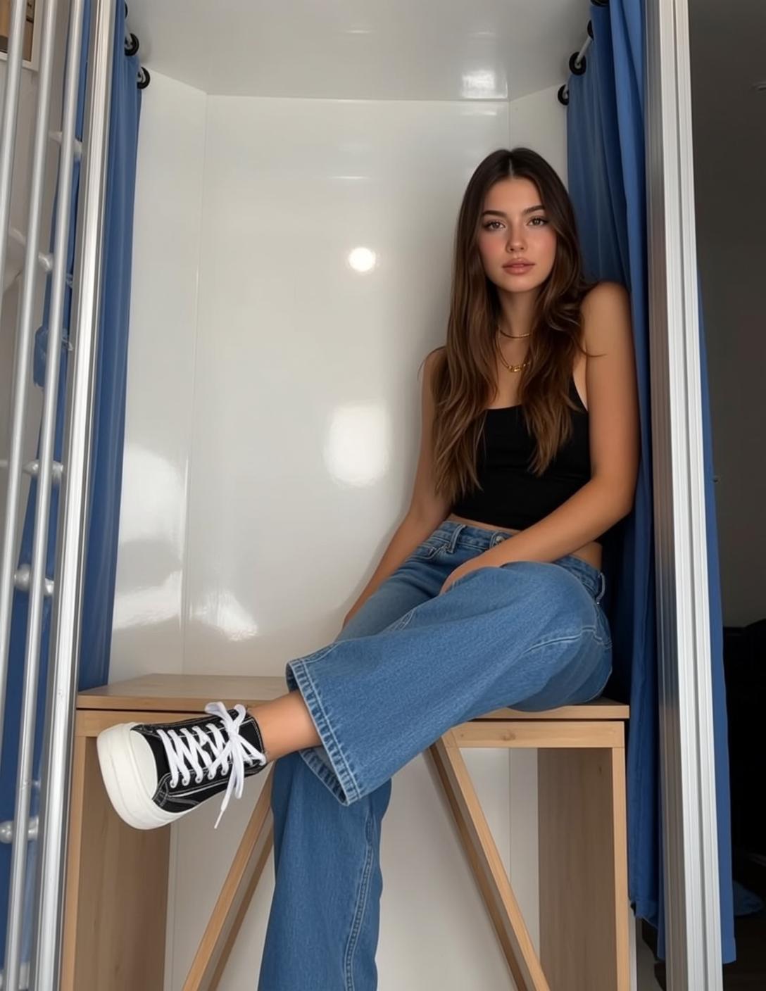 Fitting Room Candid Blue Jeans Gold Necklace
