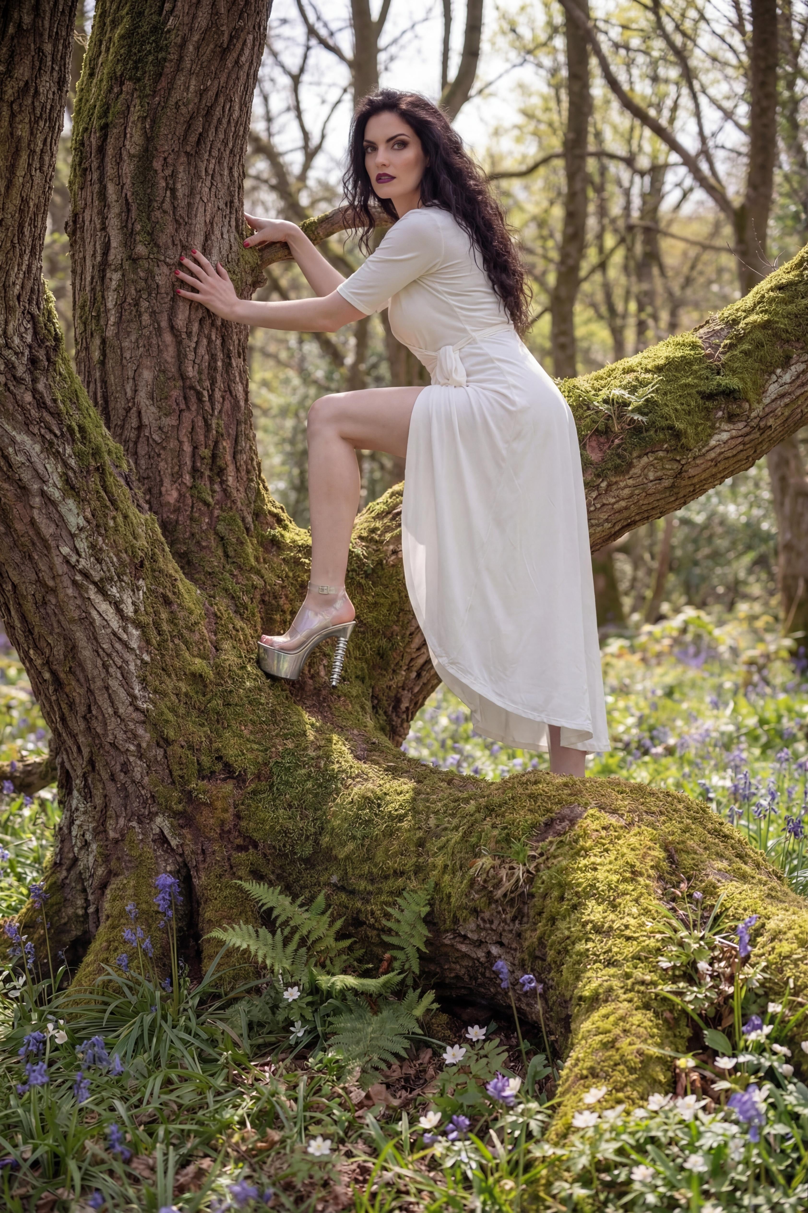 Woodland Portrait Woman White Dress Bluebells Mossy Tree