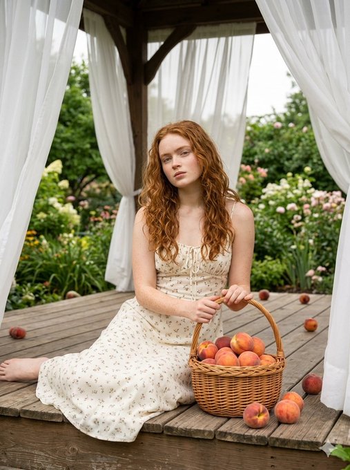 A young woman with long wavy copper-red hair reclining on a rain-kissed wooden deck, surrounded by lush greenery and a wicker basket of peaches.