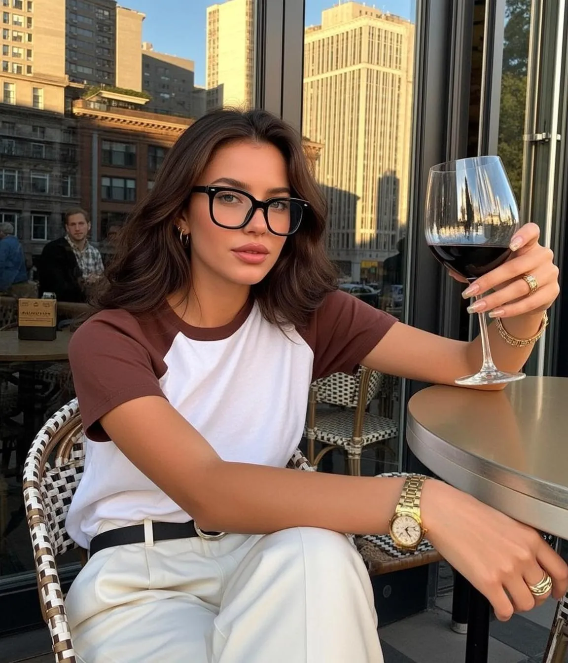 Glasses Earrings Bracelets Rings Nails And Wristwatch In Cafe Portrait
