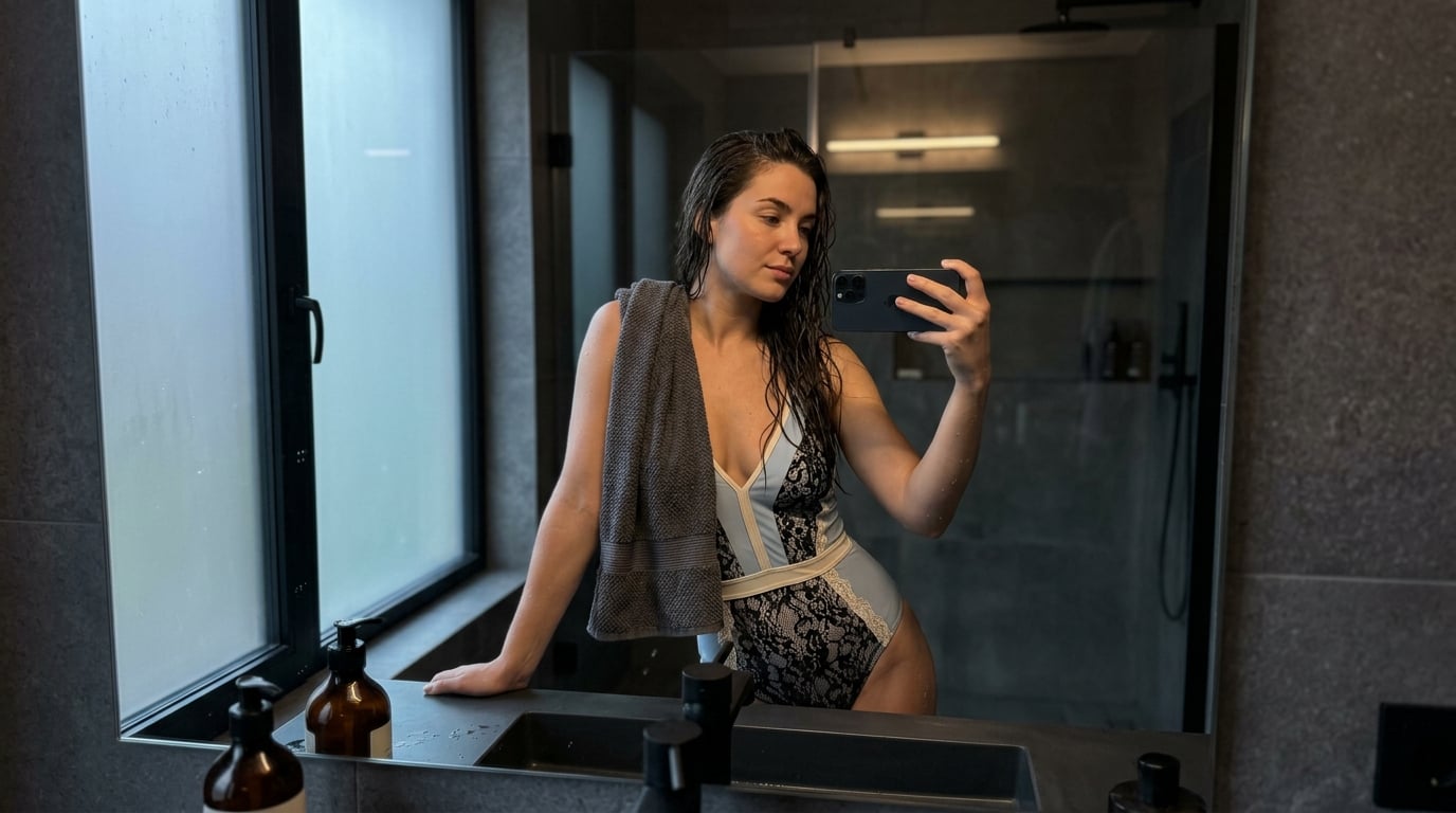 Blue Lace Bodysuit Iphone Mirror Selfie Modern Bathroom