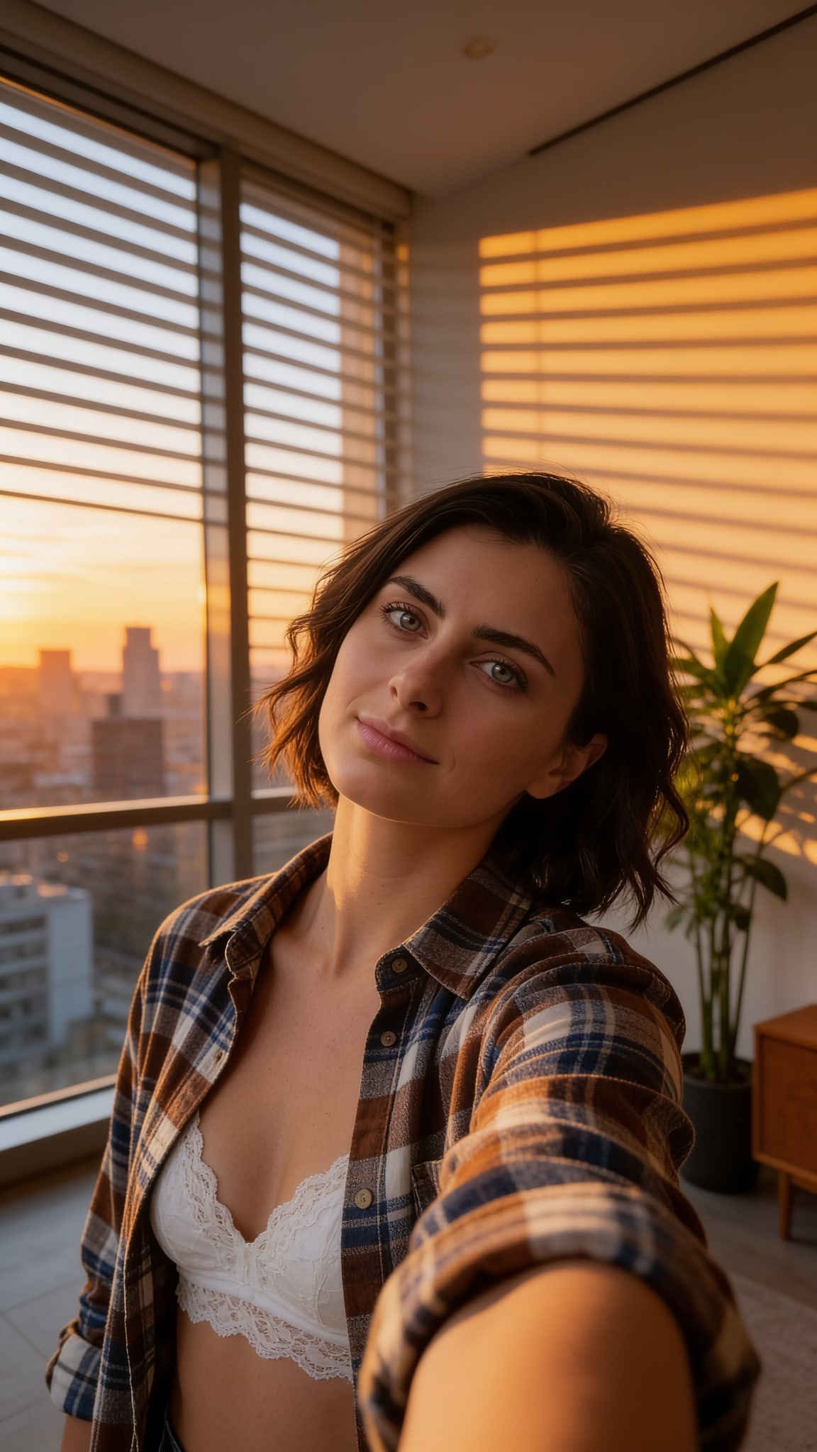 A woman with dark, wavy brown hair in a plaid shirt poses in a modern apartment with a cityscape sunset backdrop.