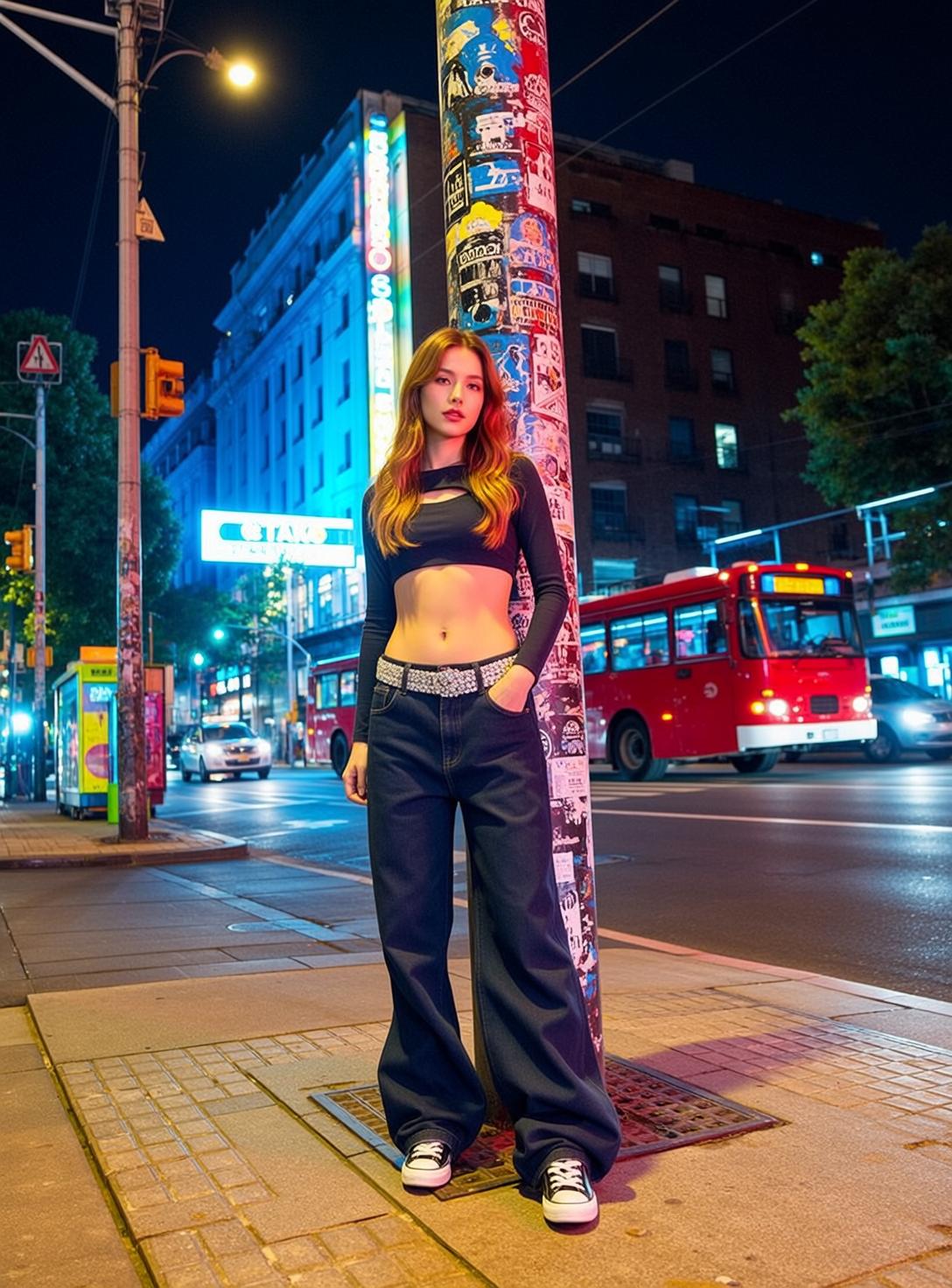 Blonde Woman City Street Night Neon Lights
