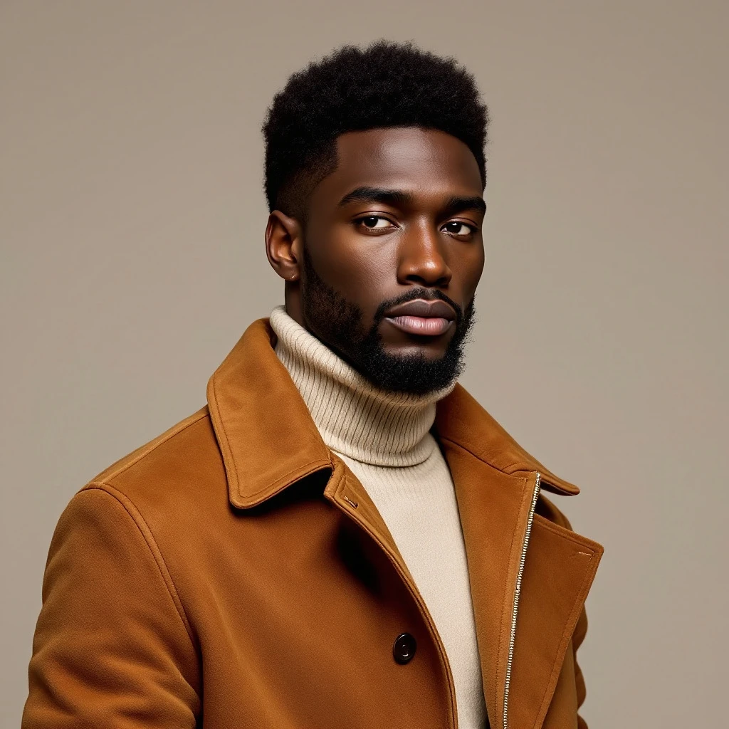A stylish 25-year-old Black man wearing a caramel suede jacket over a cream cashmere turtleneck, posing against a neutral background with editorial-style lighting.