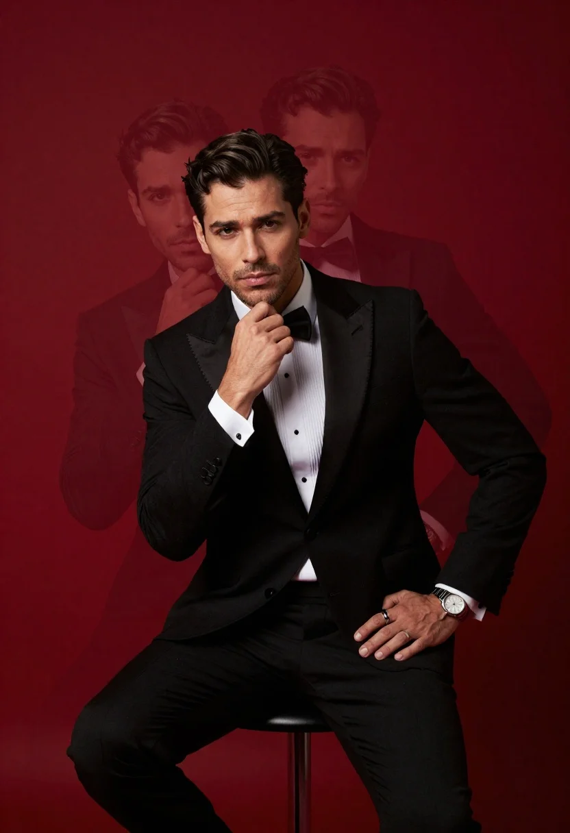 Confident Man Black Tuxedo Sits Stool Against Solid Red Background