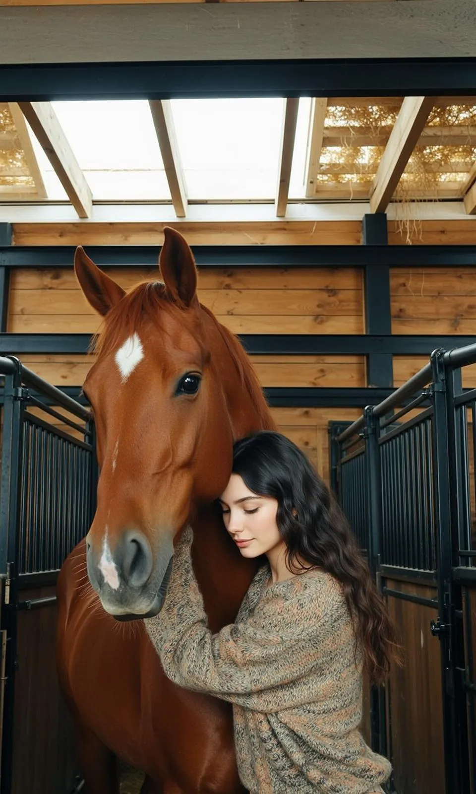 Cowgirl Embracing Brown Horse Resting Her Head