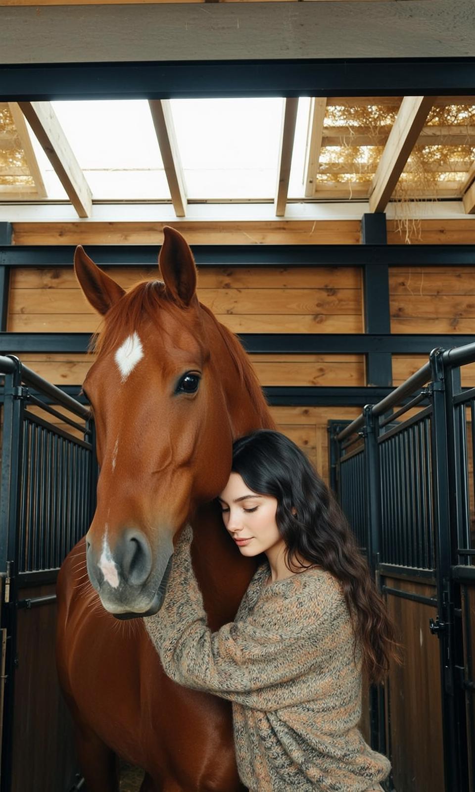 Cowgirl Embracing Brown Horse Resting Her Head