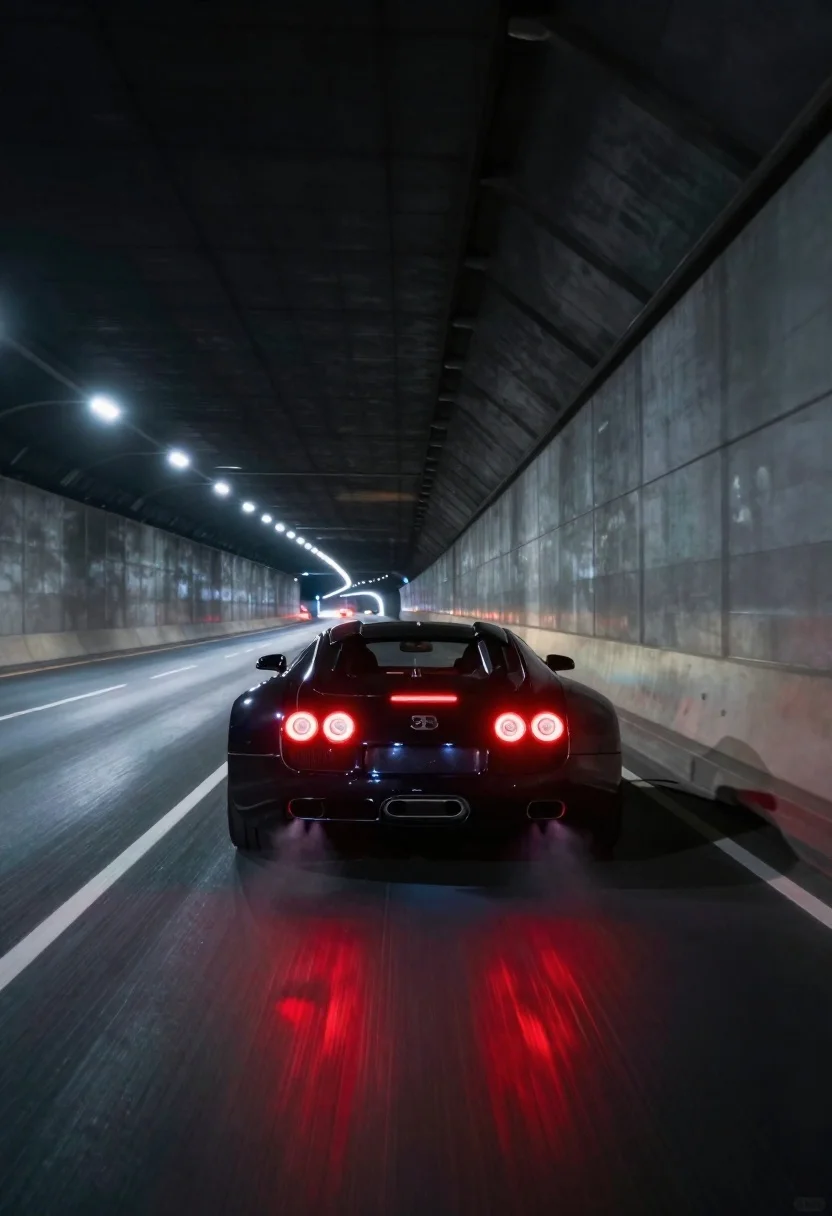 Photorealistic Cinematic Shot Black Bugatti Veyron Speeding Through Long Concrete reference photo