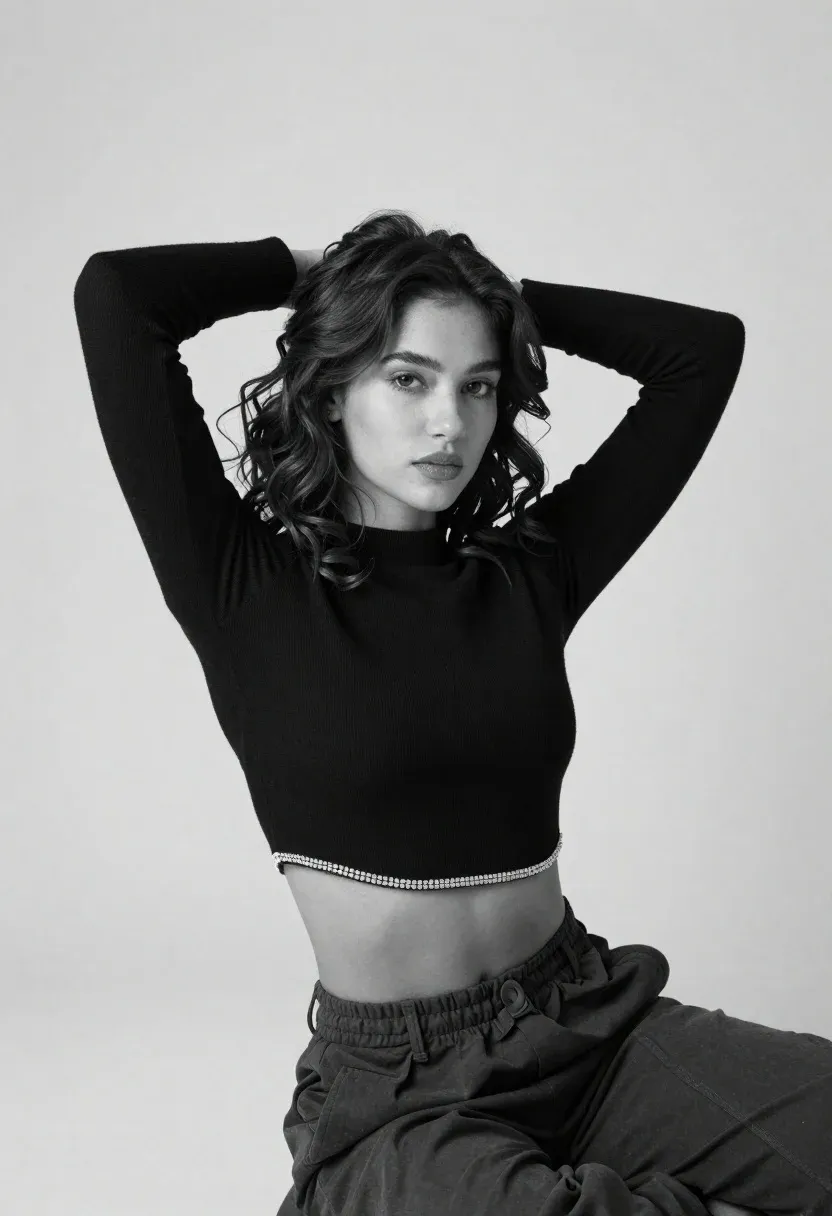 High-fashion Black And White Studio Portrait Woman Posing Against Plain