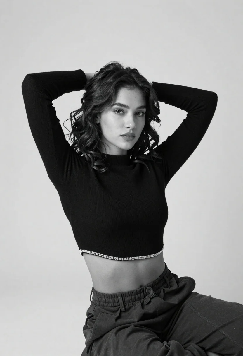 High-fashion Black And White Studio Portrait Woman Posing Against Plain reference photo