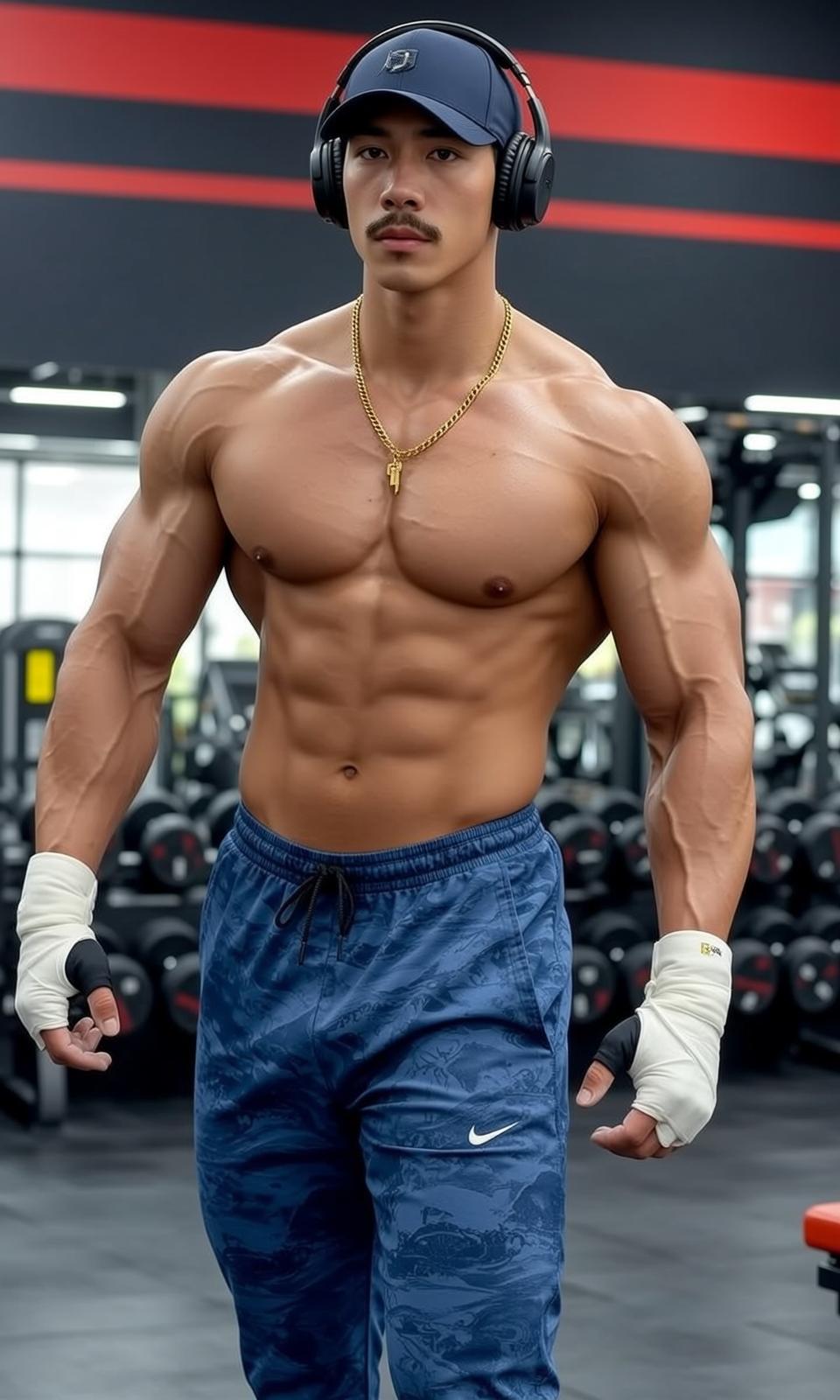 Muscular Short Black Hair Tan Skin Blue