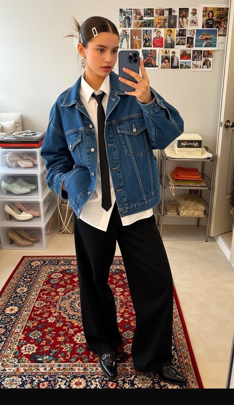Ponytail Denim Jacket Mirror Selfie