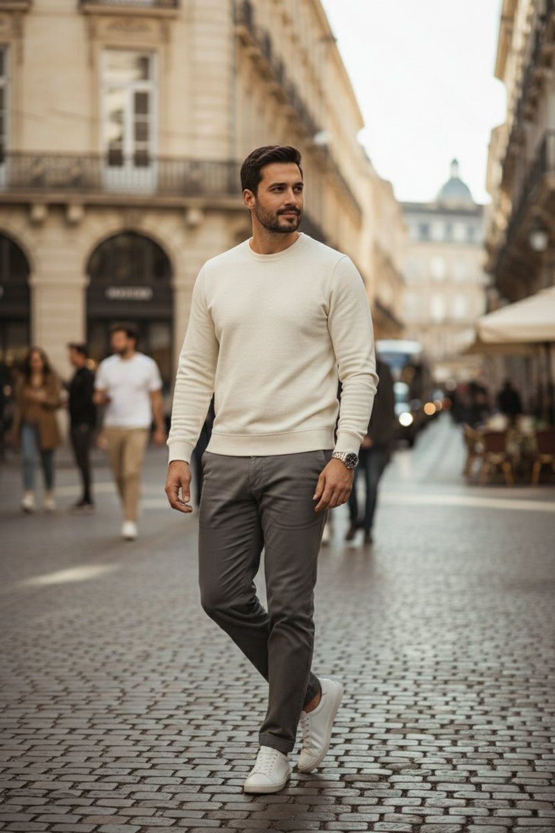 A stylish man in a light sweatshirt walking through a sunny European city, with elegant architecture in the background.