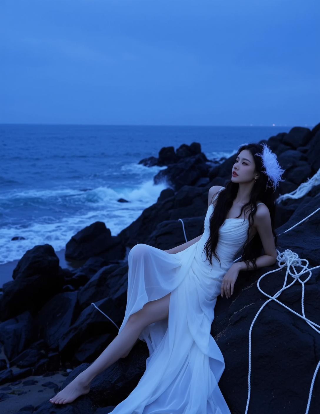 White Dress Blue Hour Rocks