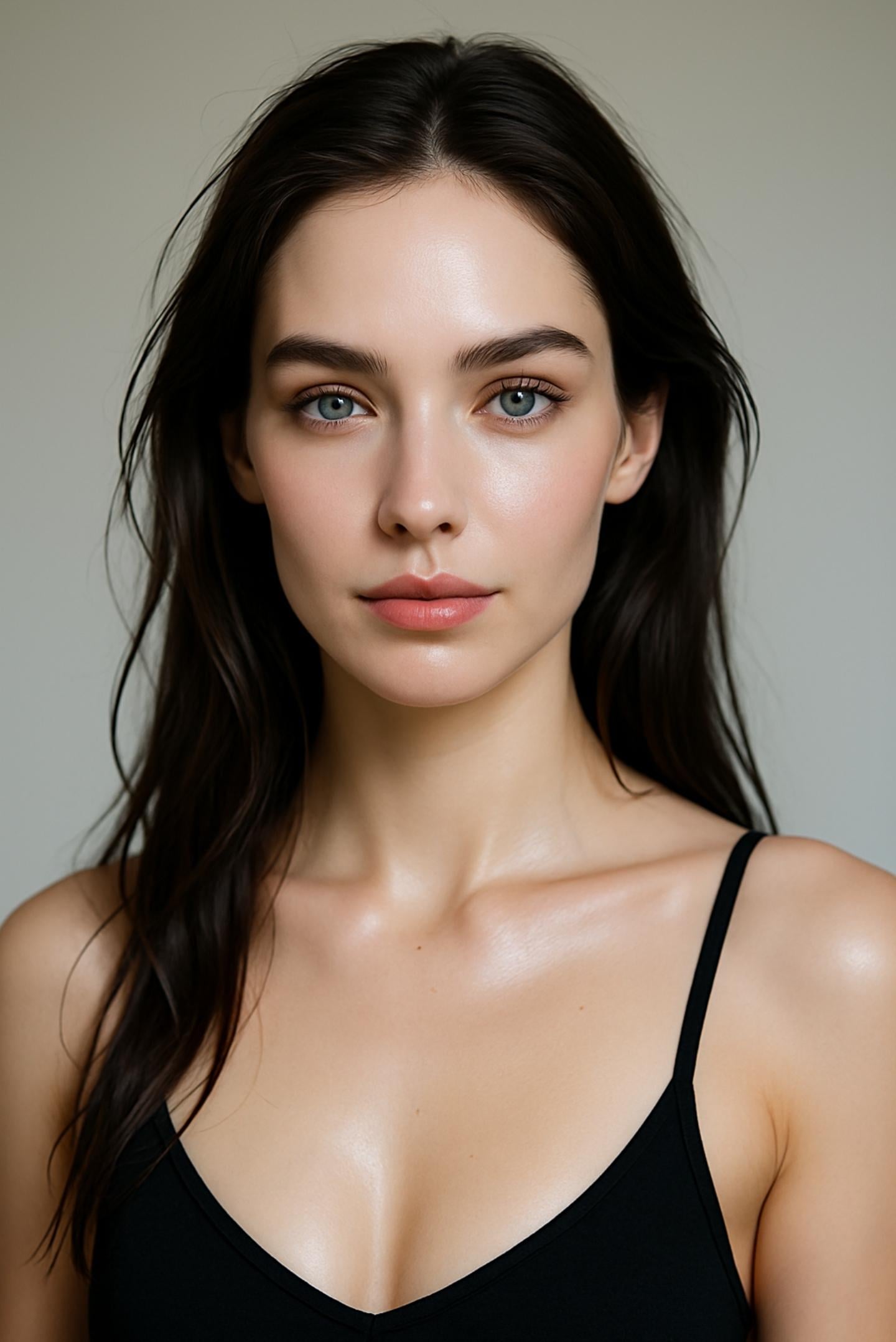 Studio Portrait Long Dark Hair Black Camisole
