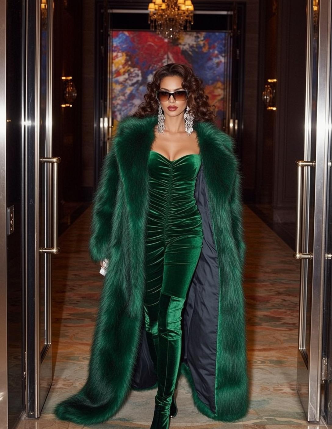 Fashion Week Long Curly Brown Tan Green